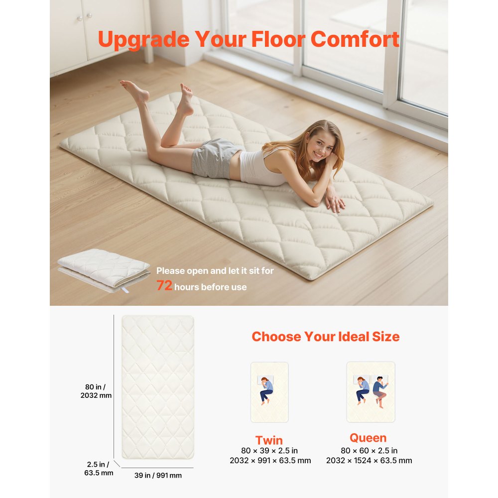VEVOR Japanse futonmatras (2032 x 991 x 63,5 mm), opvouwbare tatami (eenpersoonsbedformaat), vloermatras met opbergtas en bevestigingsmateriaal, 9-laags slaapmat voor meditatie en yoga, wit