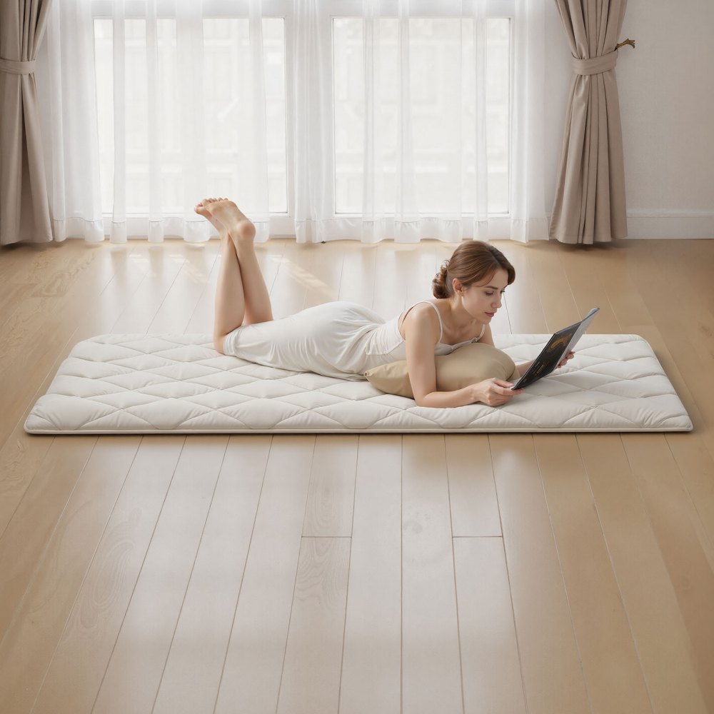 VEVOR Japanse futonmatras (2032 x 991 x 63,5 mm), opvouwbare tatami (eenpersoonsbedformaat), vloermatras met opbergtas en bevestigingsmateriaal, 9-laags slaapmat voor meditatie en yoga, wit