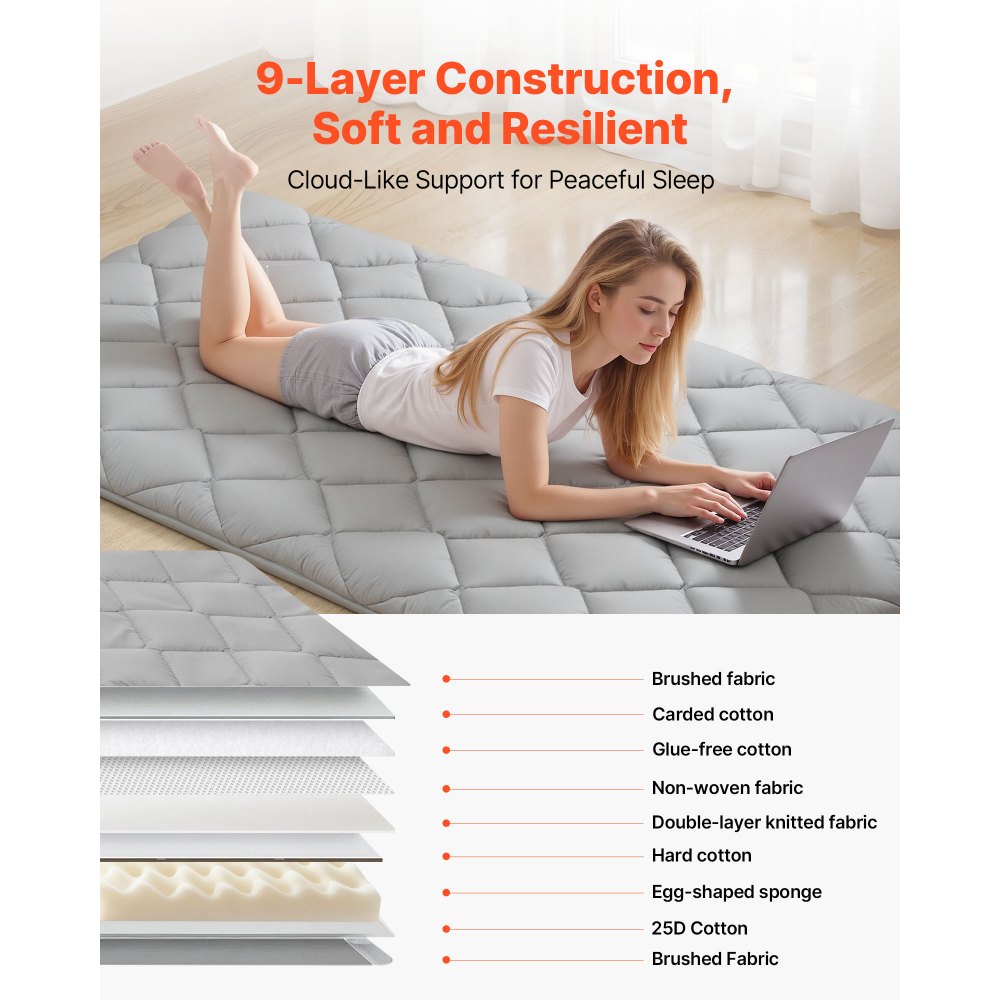 VEVOR Japanese Tatami Mat, Twin Size Foldable Japanese Tatami Mattress, Futon Mattress with Storage Bag & Fastener, 9-Layer Floor Mat for Sleeping, Dorm, Meditation, Yoga, 2032 x 991 x 89 mm, Gray