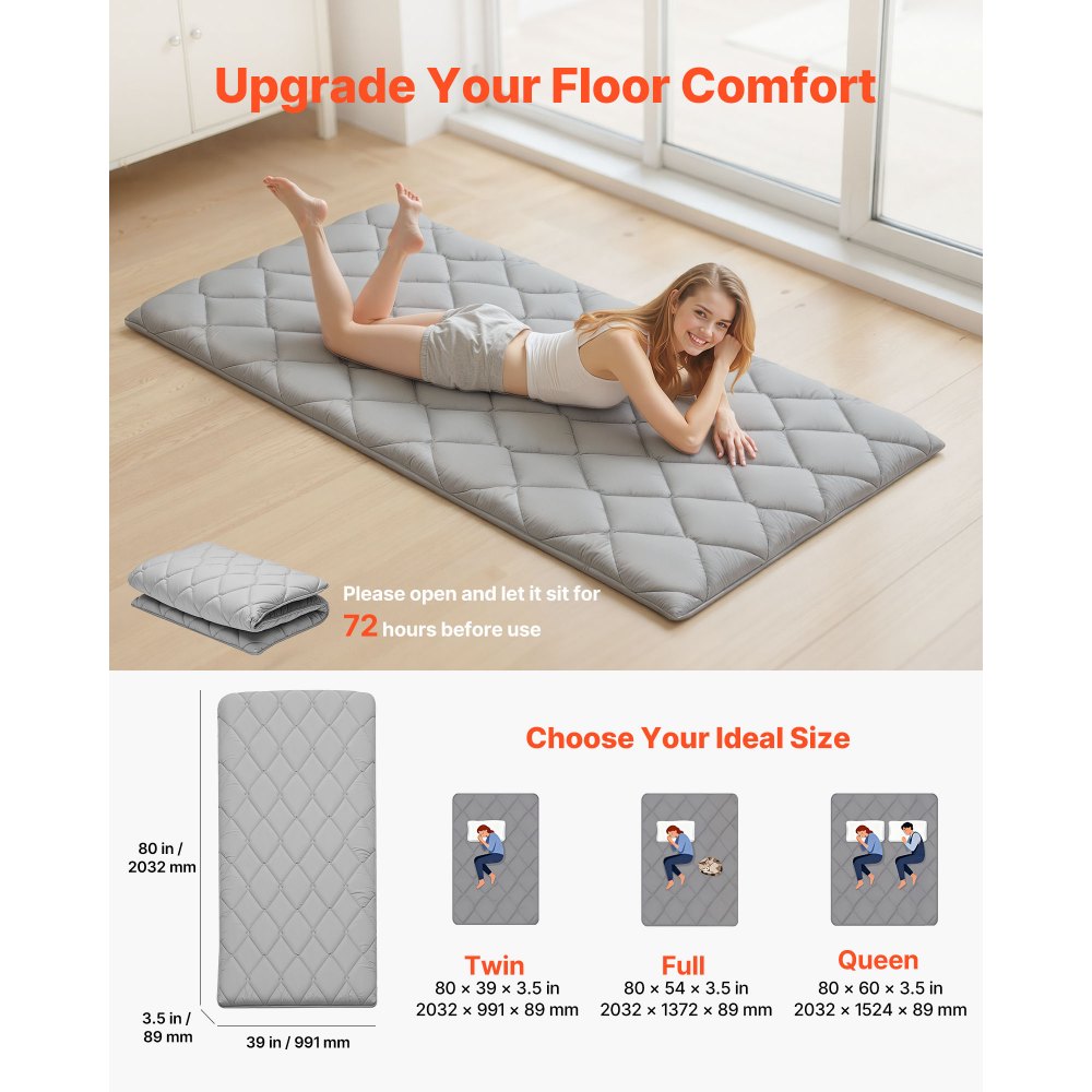 VEVOR Japanse futonmatras (2032 x 991 x 89 mm), opvouwbare tatami (eenpersoonsbedformaat), vloermatras met opbergtas en bevestigingsmateriaal, 9-laags slaapmat voor meditatie en yoga, grijs