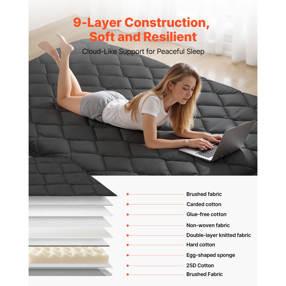 VEVOR Japanse futonmatras (2032 x 1372 x 89 mm), opvouwbare tatami (tweepersoonsformaat), vloermatras met opbergtas en bevestigingsmateriaal, 9-laags slaapmat voor meditatie en yoga, zwart