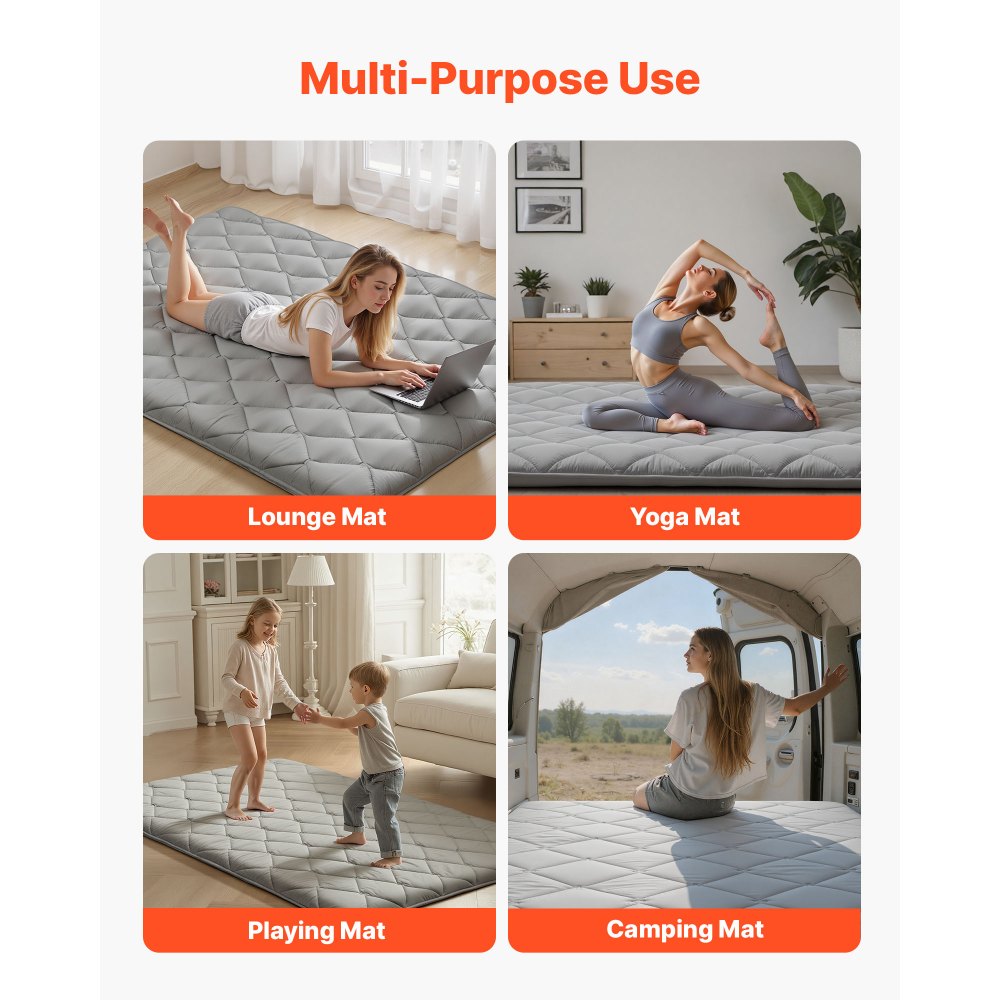 VEVOR Japanse futonmatras (2032 x 1372 x 89 mm), opvouwbare tatami-vloermatras (tweepersoonsformaat) met opbergtas en bevestigingsmateriaal, 9-laags slaapmat voor meditatie en yoga, grijs