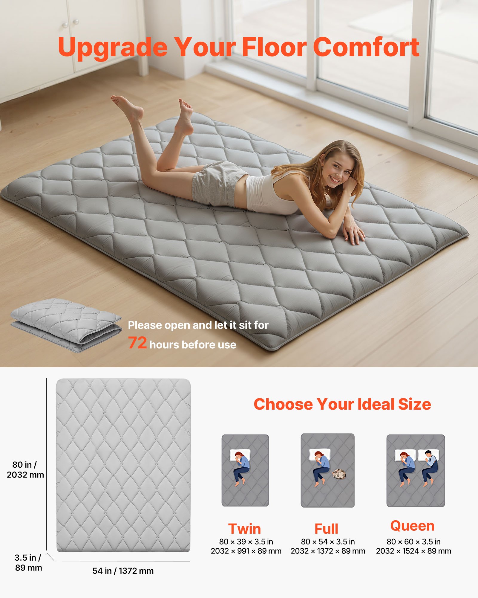 VEVOR Japanse futonmatras (2032 x 1372 x 89 mm), opvouwbare tatami-vloermatras (tweepersoonsformaat) met opbergtas en bevestigingsmateriaal, 9-laags slaapmat voor meditatie en yoga, grijs