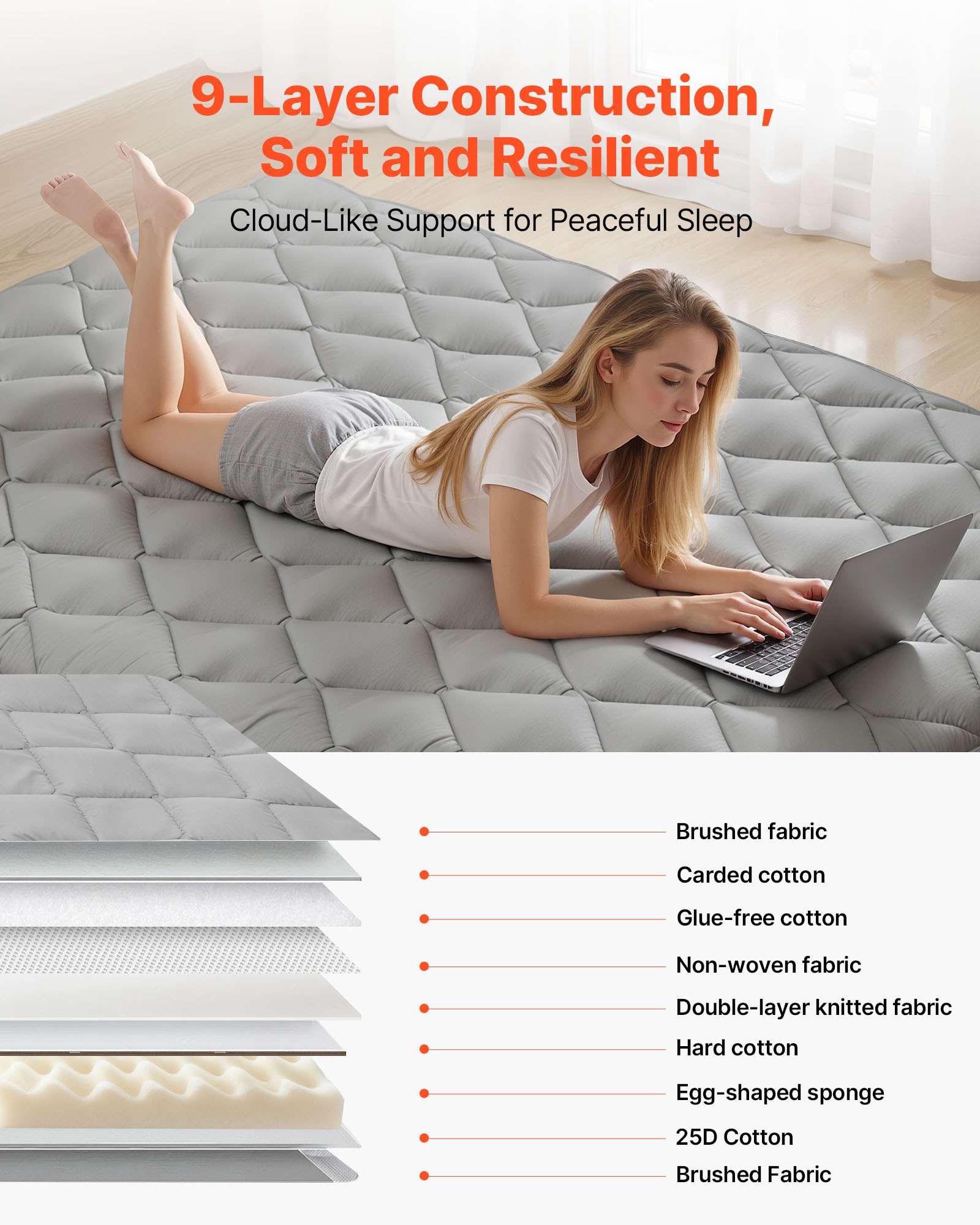 VEVOR Japanse futonmatras (2032 x 1372 x 89 mm), opvouwbare tatami-vloermatras (tweepersoonsformaat) met opbergtas en bevestigingsmateriaal, 9-laags slaapmat voor meditatie en yoga, grijs