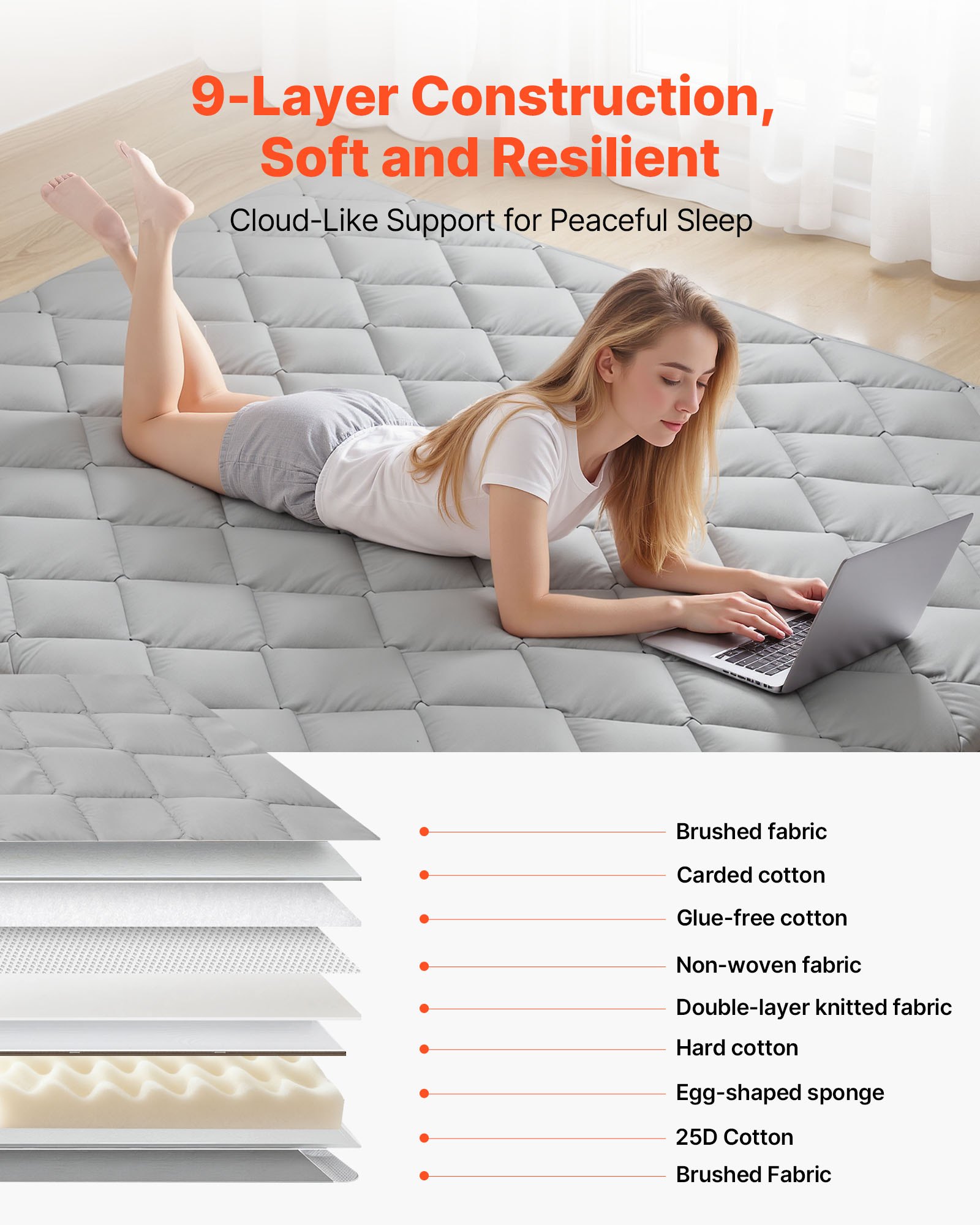 VEVOR Japanse futonmatras (2032 x 1524 x 63,5 mm), opvouwbare tatami (queensize), vloermatras met opbergtas en bevestigingsmateriaal, 9-laags slaapmat voor meditatie en yoga, grijs
