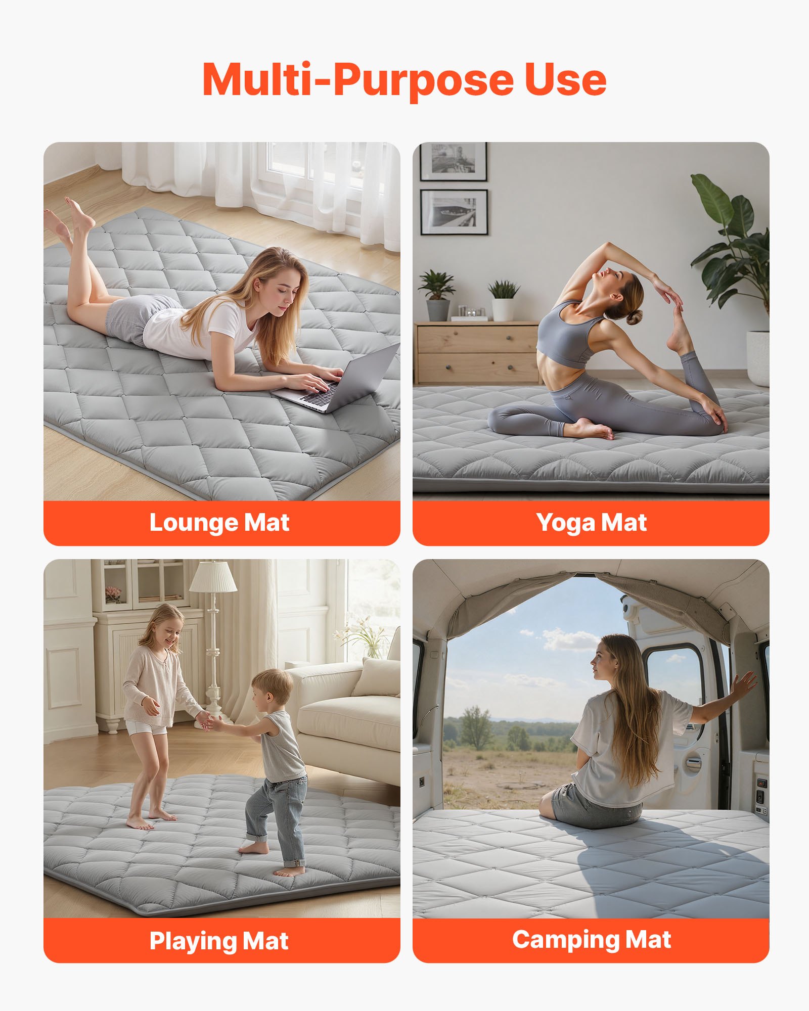 VEVOR Japanse futonmatras (2032 x 1524 x 63,5 mm), opvouwbare tatami (queensize), vloermatras met opbergtas en bevestigingsmateriaal, 9-laags slaapmat voor meditatie en yoga, grijs