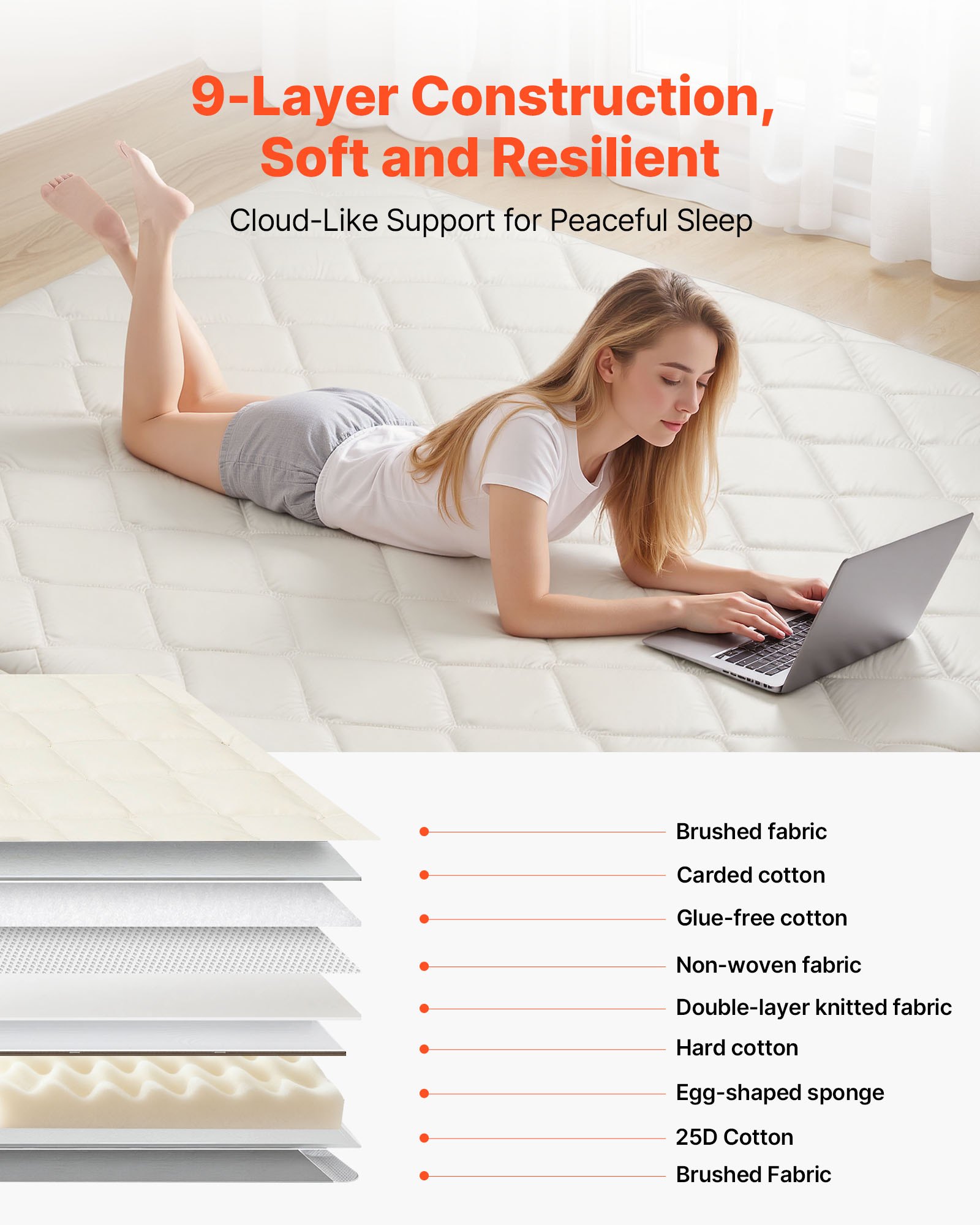 VEVOR Japanse futonmatras (2032 x 1524 x 63,5 mm), opvouwbare tatami (queensize), vloermatras met opbergtas en bevestigingsmateriaal, 9-laags slaapmat voor meditatie en yoga, wit