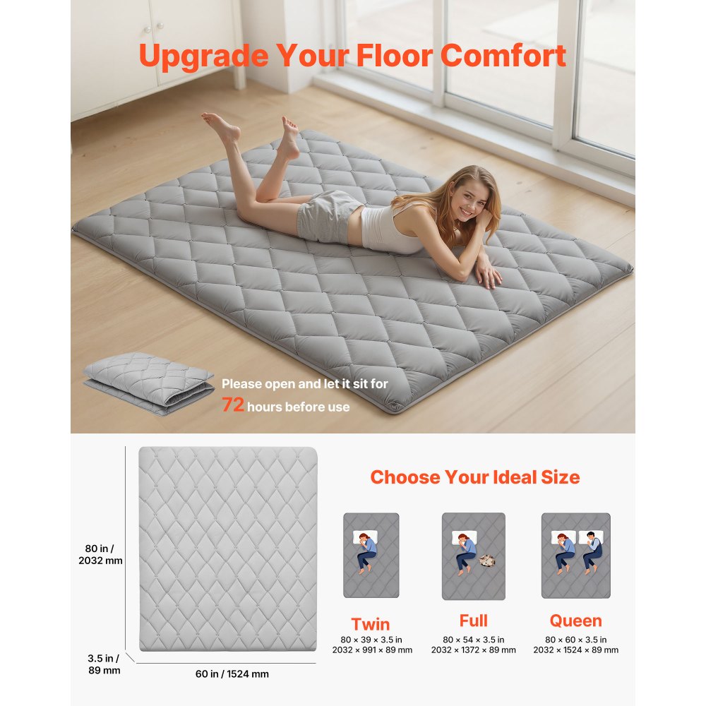 VEVOR Japanse futonmatras (2032 x 1524 x 89 mm), opvouwbare tatami (queensize), vloermatras met opbergtas en bevestigingsmateriaal, 9-laags slaapmat voor meditatie en yoga, grijs