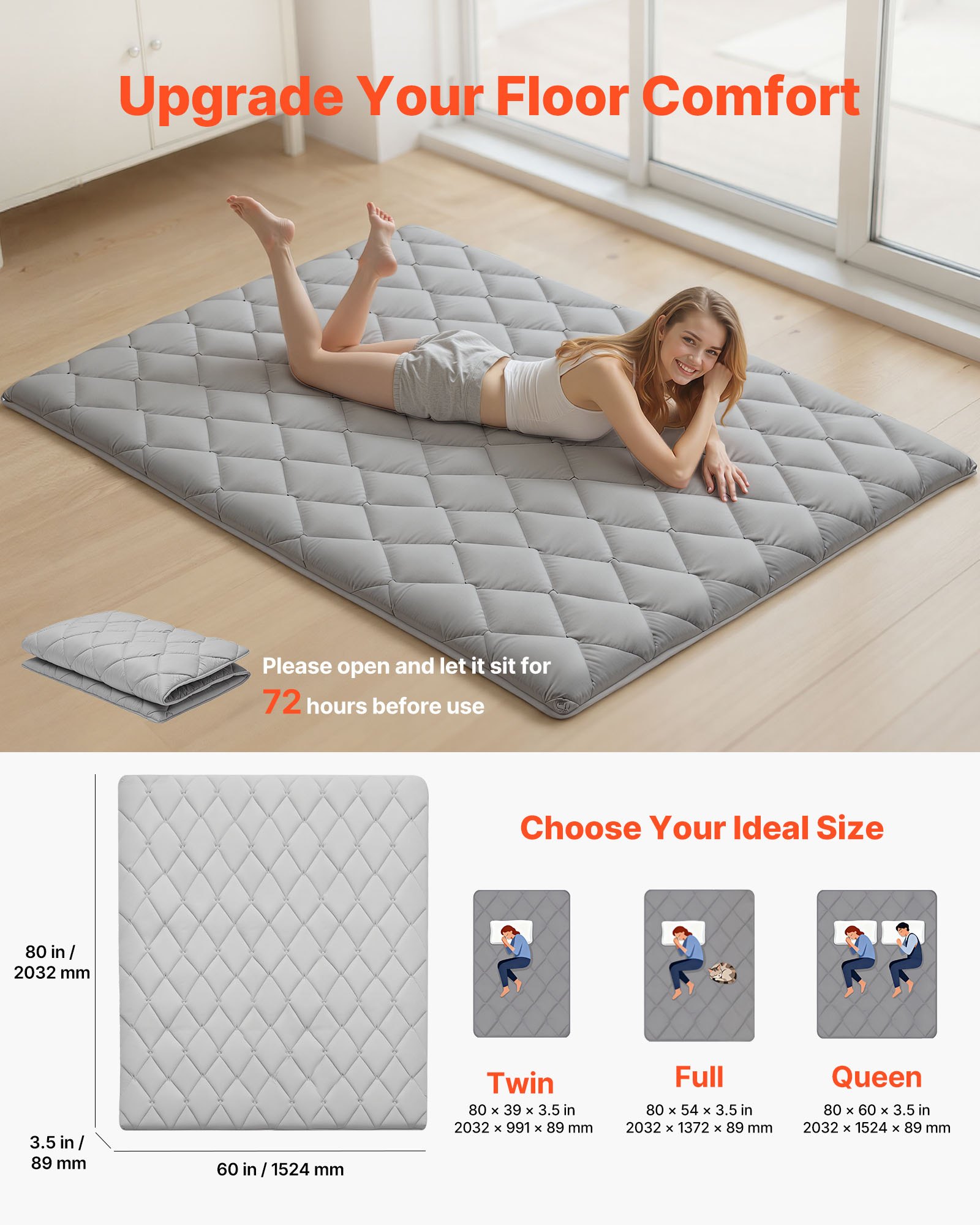 VEVOR Japanse futonmatras (2032 x 1524 x 89 mm), opvouwbare tatami (queensize), vloermatras met opbergtas en bevestigingsmateriaal, 9-laags slaapmat voor meditatie en yoga, grijs
