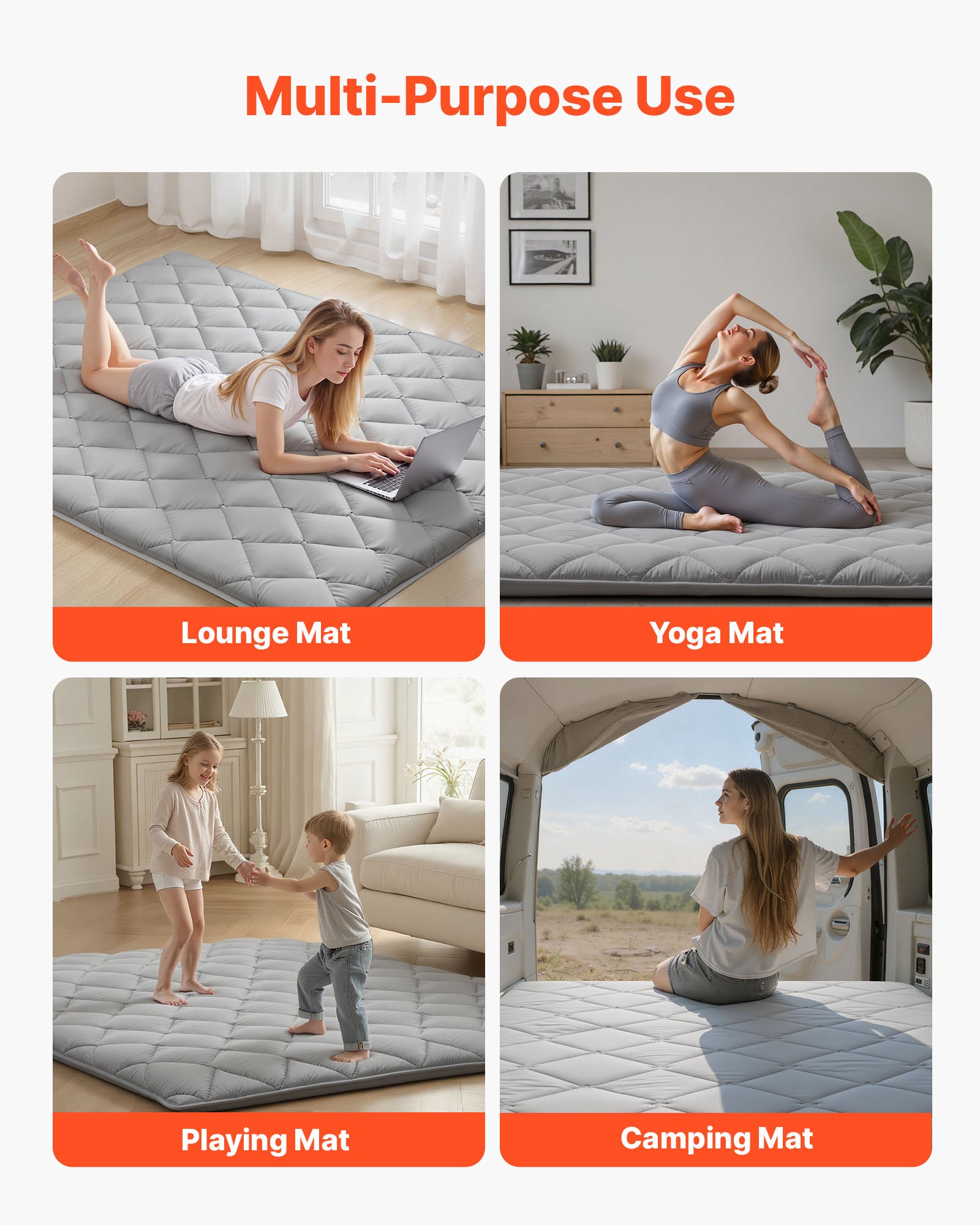 VEVOR Japanse futonmatras (2032 x 1524 x 89 mm), opvouwbare tatami (queensize), vloermatras met opbergtas en bevestigingsmateriaal, 9-laags slaapmat voor meditatie en yoga, grijs