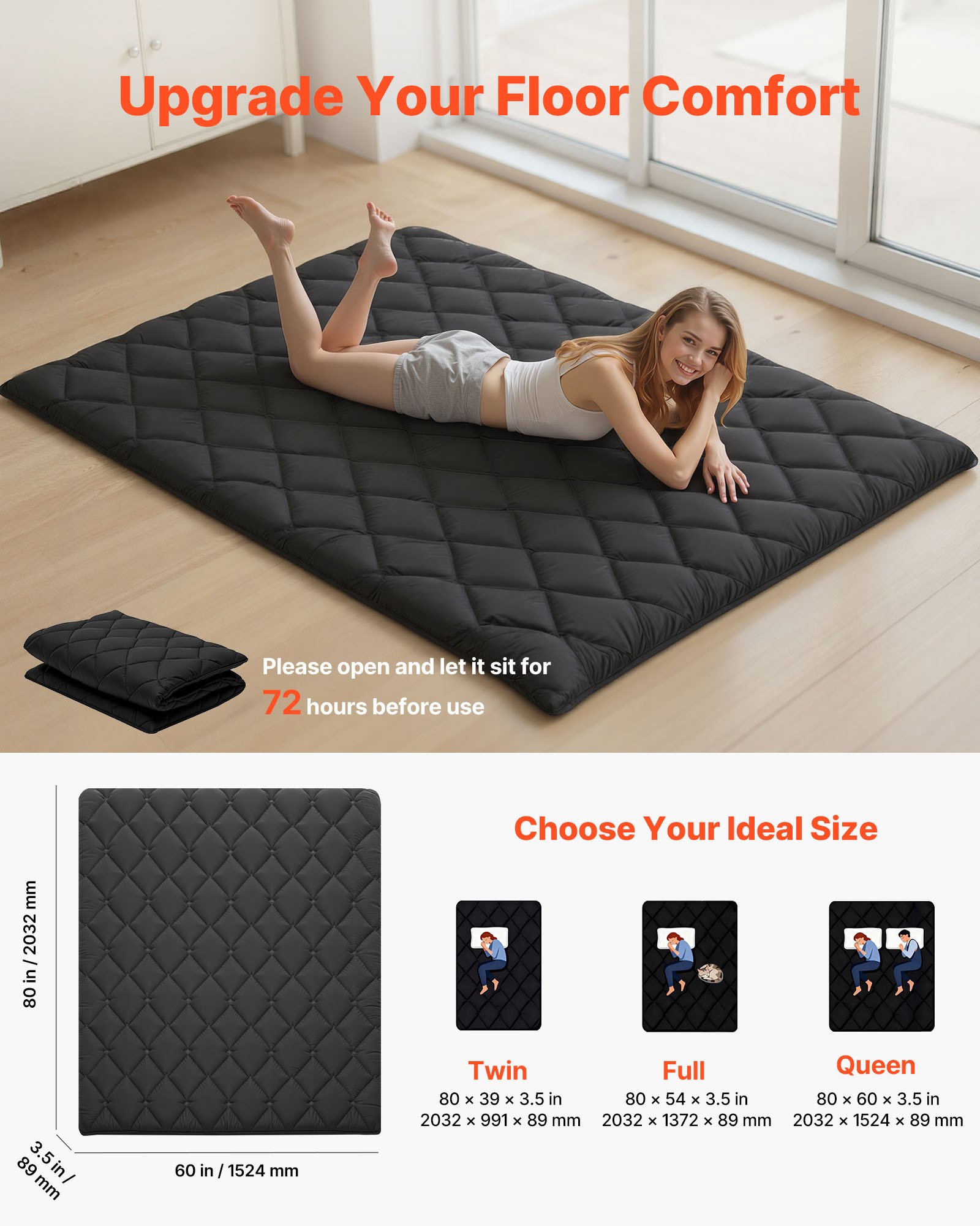 VEVOR Japanse futonmatras (2032 x 1524 x 89 mm), opvouwbare tatami (queensize), vloermatras met opbergtas en bevestigingsmateriaal, 9-laags slaapmat voor meditatie en yoga, zwart
