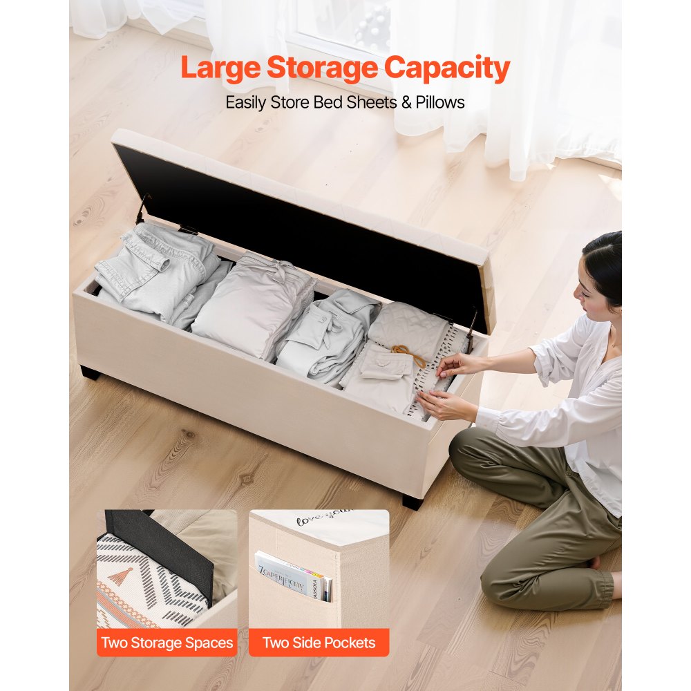 VEVOR Storage Ottoman Bench, Button-Tufted End of Bed Bench with Side Bags, Flip-up Upholstered Storage Chest with Metal Frame, Linen Bed Ottoman for Living Room, Bedroom, Entryway, Office, Beige