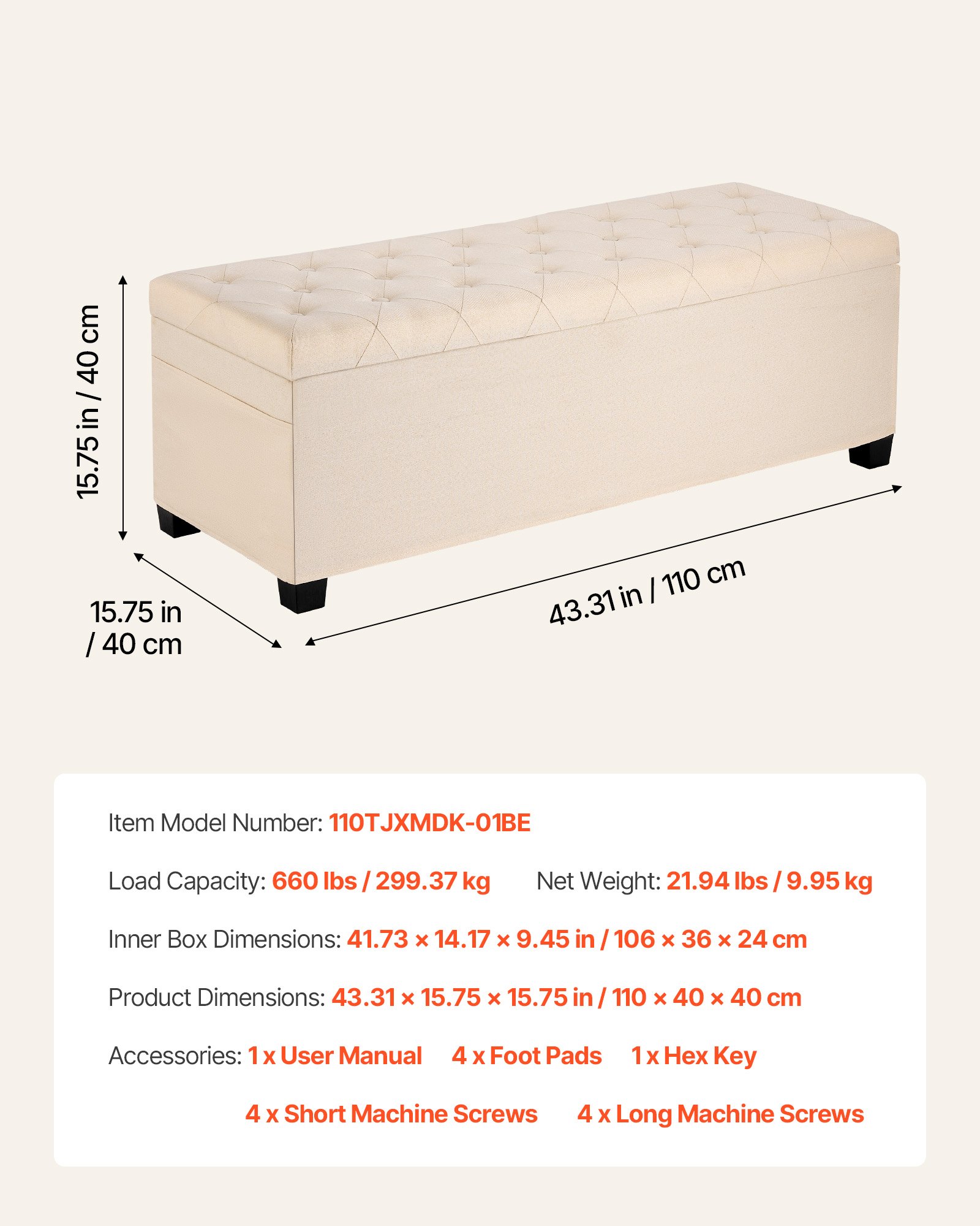 VEVOR Opbergpoef 110 x 40 x 40 cm Voetenbank Opbergbox, Draagvermogen tot 299,37 kg, Opvouwbare, Gevoerde Bank met Metalen Frame, Poef voor Woonkamer Slaapkamer Beige