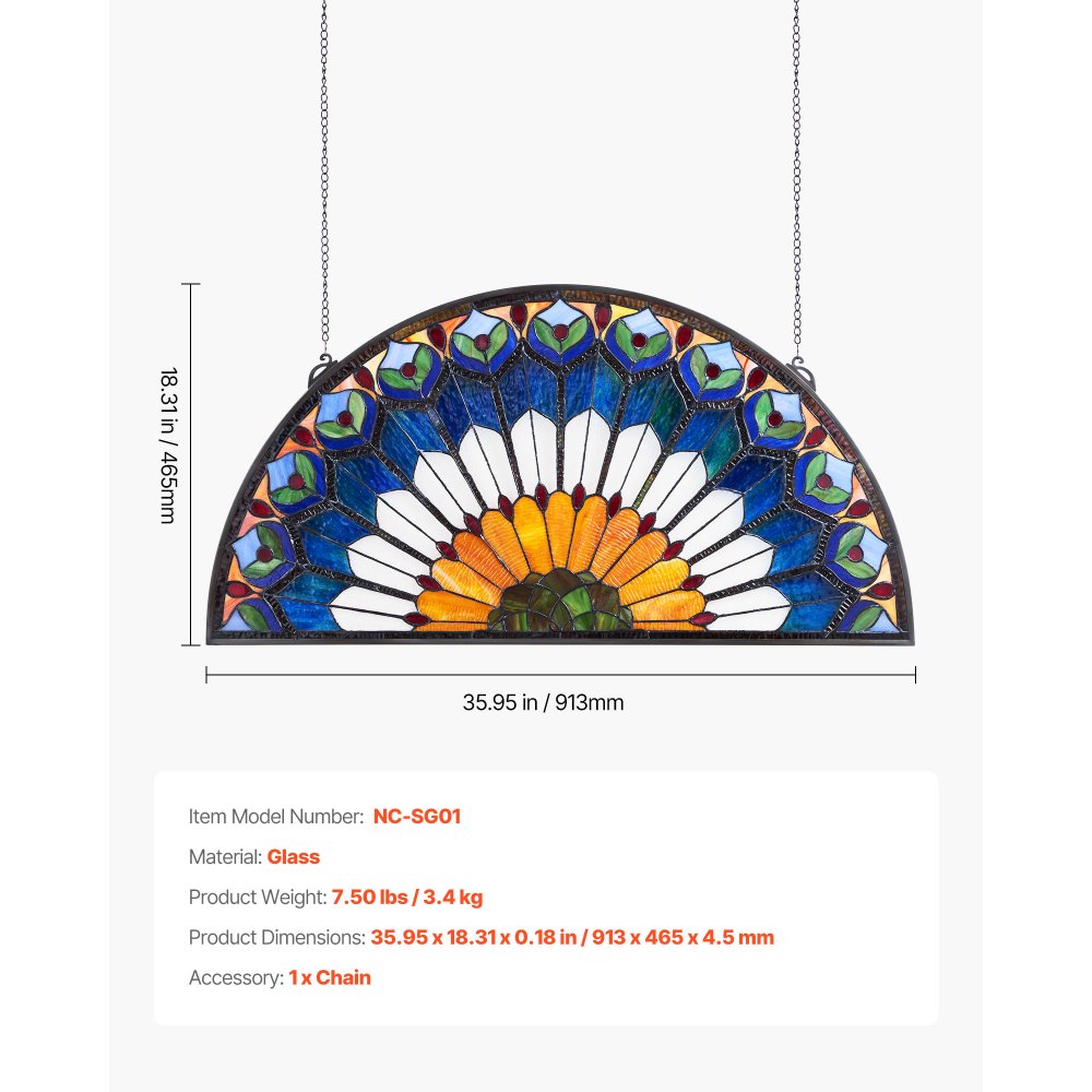 VEVOR Glas-in-lood Raampaneel (913 x 465 mm) Hangend glas-in-lood met ketting, groot halfrond glas-in-lood om op te hangen, traditionele vintage ambachtelijke raamdecoratie voor keuken en woninginrichting
