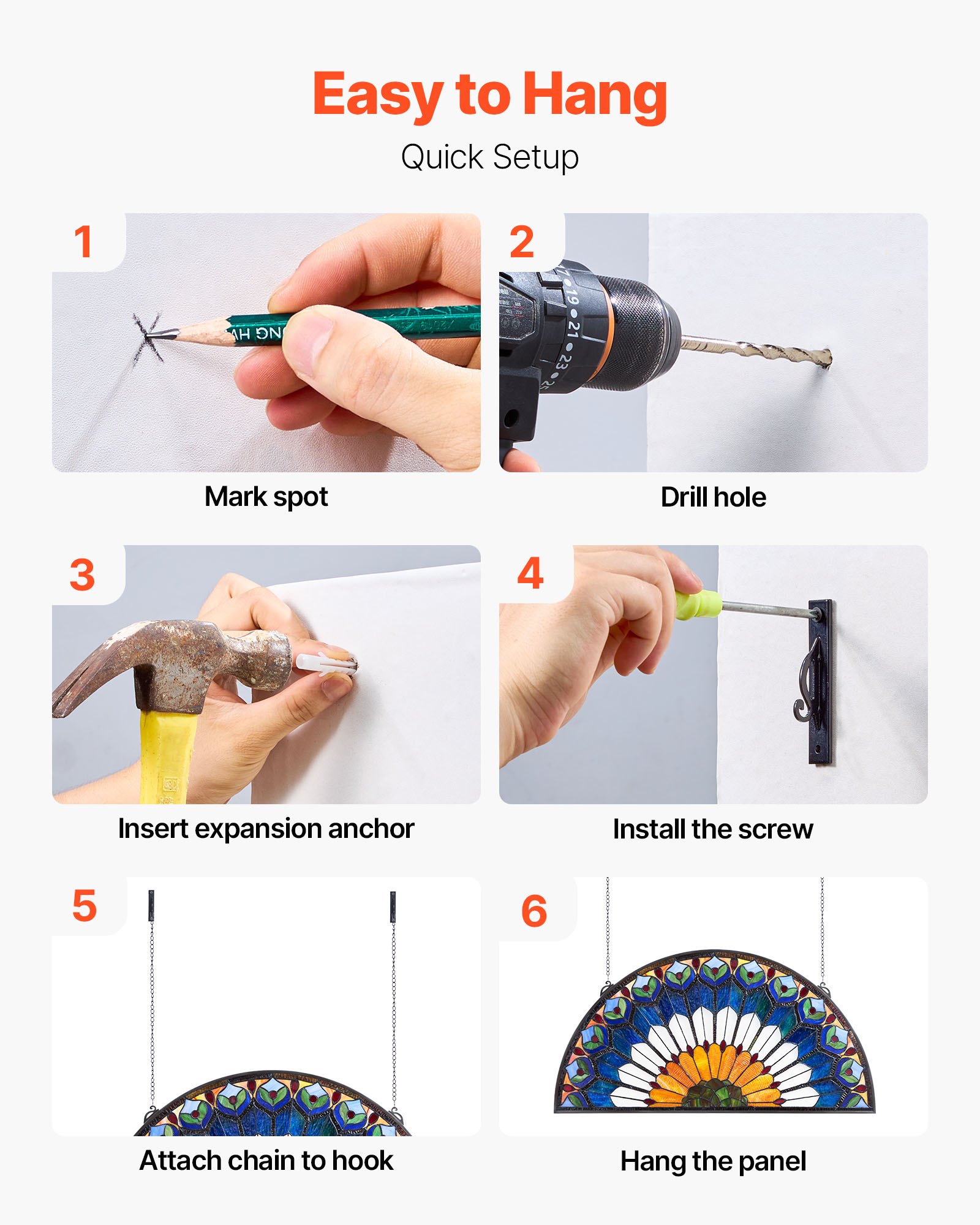 VEVOR Glas-in-lood Raampaneel (913 x 465 mm) Hangend glas-in-lood met ketting, groot halfrond glas-in-lood om op te hangen, traditionele vintage ambachtelijke raamdecoratie voor keuken en woninginrichting