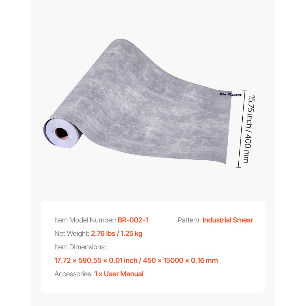 VEVOR Zelfklevend Behang, 45 cm x 15 m, Muurbehang, Zelfklevende Folie in Industriële Stijl, Meubelfolie, Meubelsticker, Decoratieve Behangrol voor Slaapkamer, Keuken, Kantoor, Badkamer, Donkergrijs