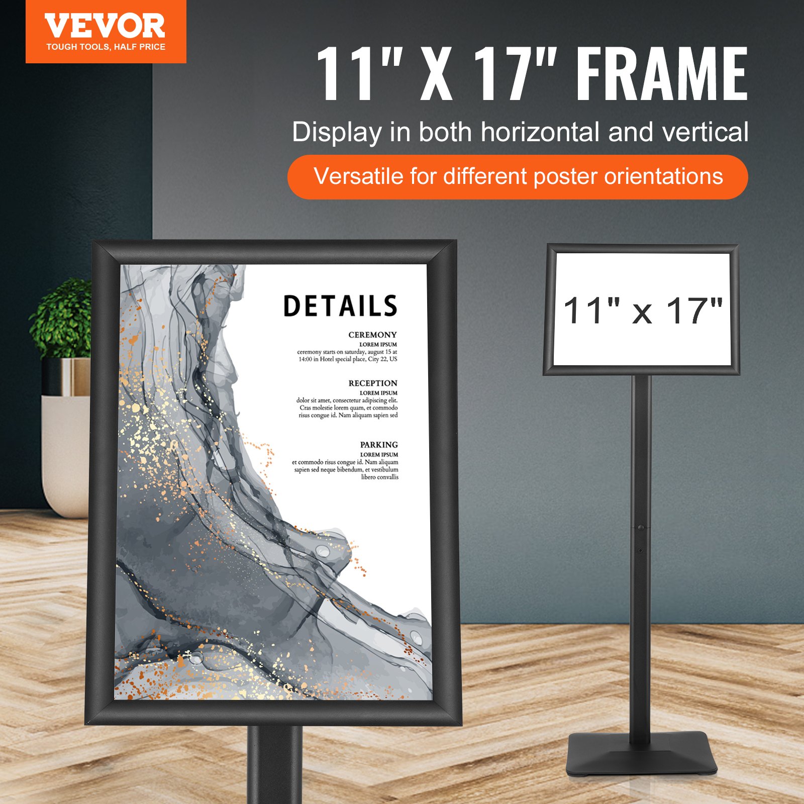 VEVOR Pedestal Sign Holder, 11 x 17 Inch Vertical and Horizontal Adjustable Poster Stand, Heavy-Duty Floor Standing Sign Holder with Metal Base for Display, Advertisement, and Outdoor, Black