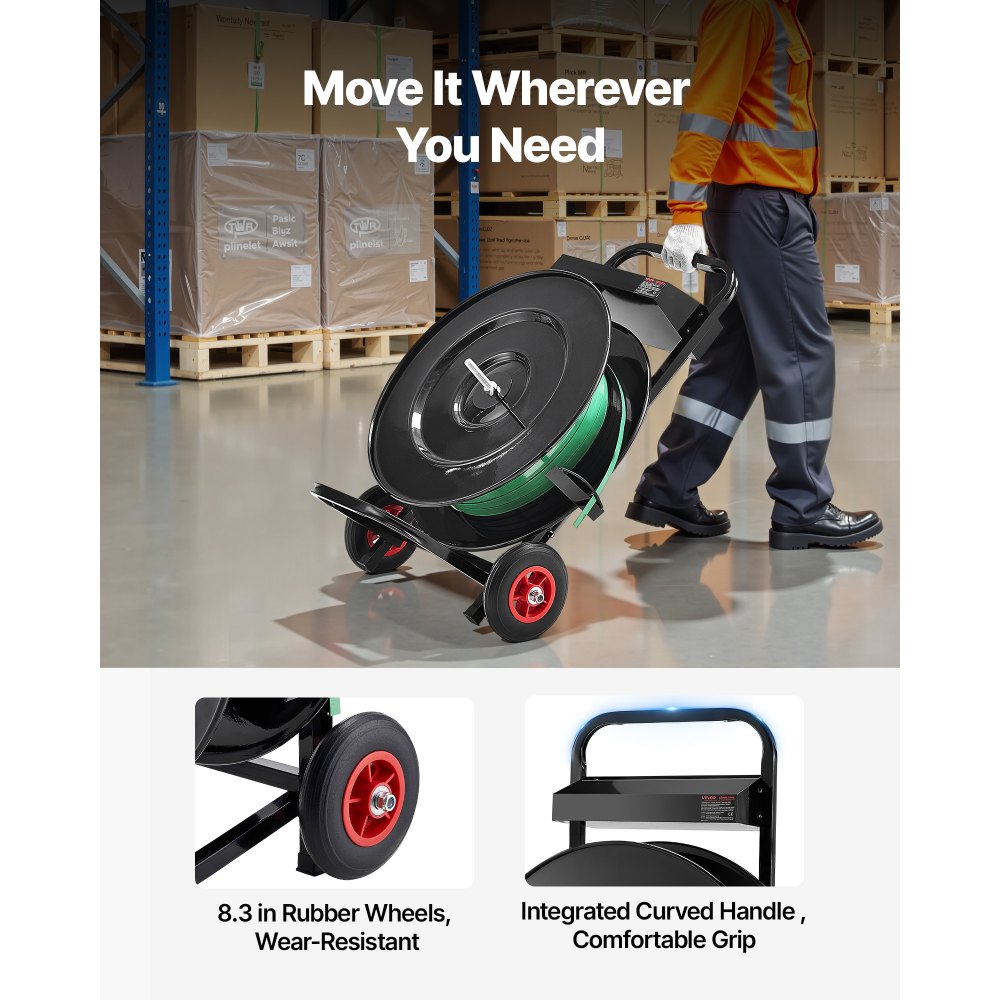VEVOR Banding Strapping Cart, Fit for PET/PP/Polyester Strapping Coils with 20.3/40.6 cm Core Size, Heavy Duty Strapping Dispenser Equipped with Upgrade Brake System, Built-in Spacious Tray for Tools