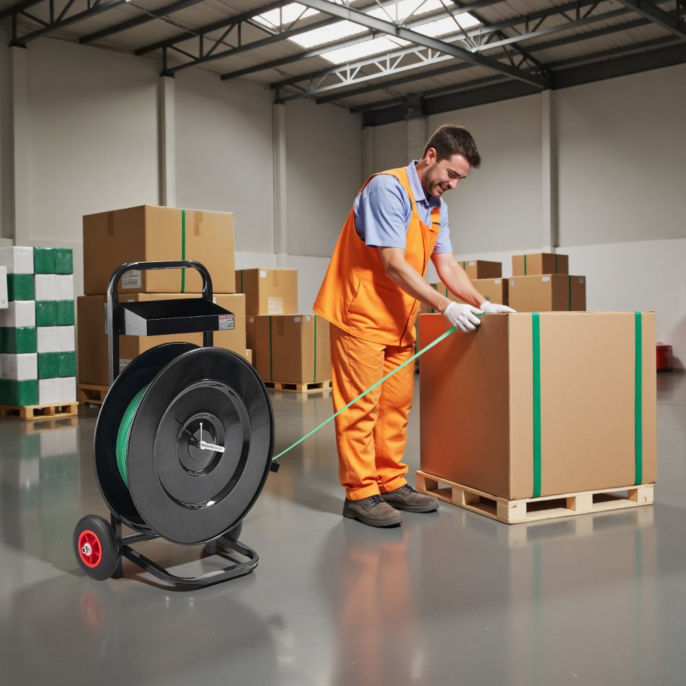 VEVOR omsnoeringsapparaat, geschikt voor PET/PP/polyester omsnoeringsrollen met kernmaat 203/406 mm, omsnoeringsapparaat met verbeterd remsysteem, geïntegreerde ruime opbergruimte voor gereedschap