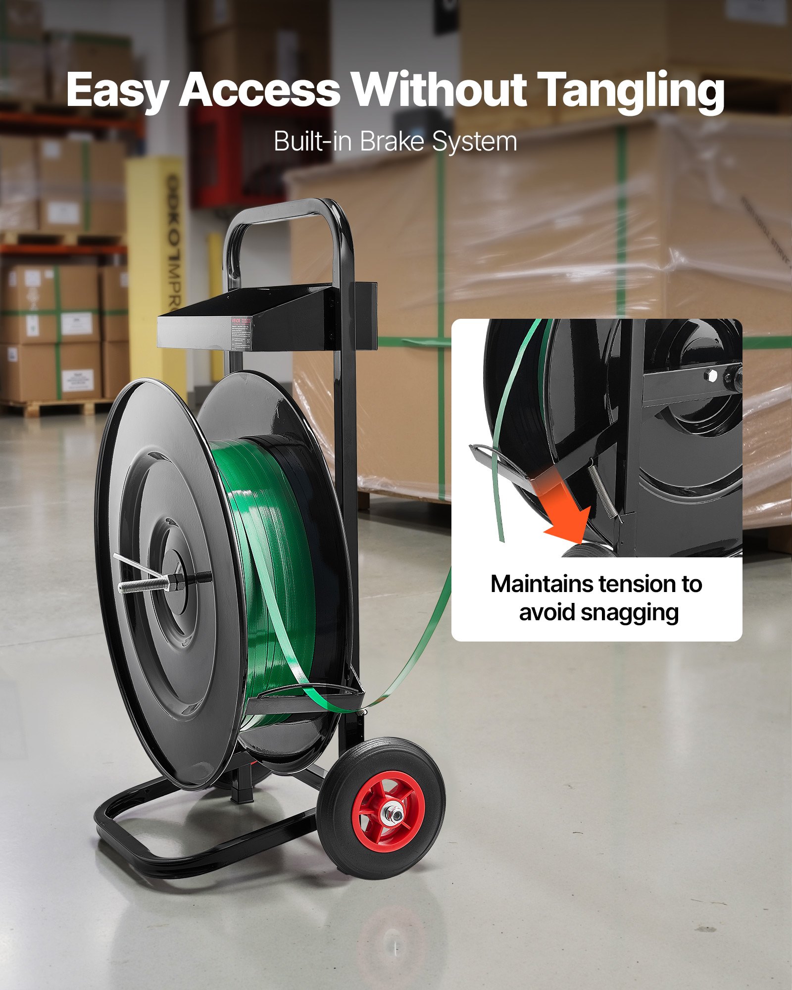VEVOR-bandrolwagen, geschikt voor PET/PP/polyester omsnoeringsrollen met een kerndiameter van 203/406 mm, bandroldispenser met verbeterd remsysteem en geïntegreerde ruime opbergruimte voor gereedschap.