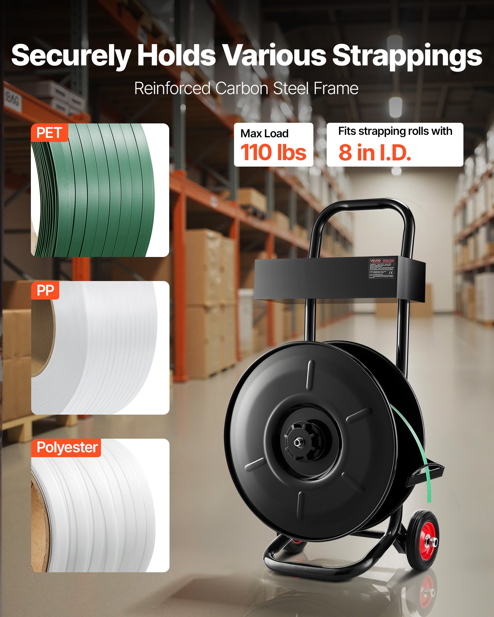 VEVOR dispenserwagen, geschikt voor PET/PP/polyester omsnoeringsrollen met een kerndiameter van 203 mm, omsnoeringsdispenser met verbeterd remsysteem, geïntegreerde ruime opbergruimte voor gereedschap