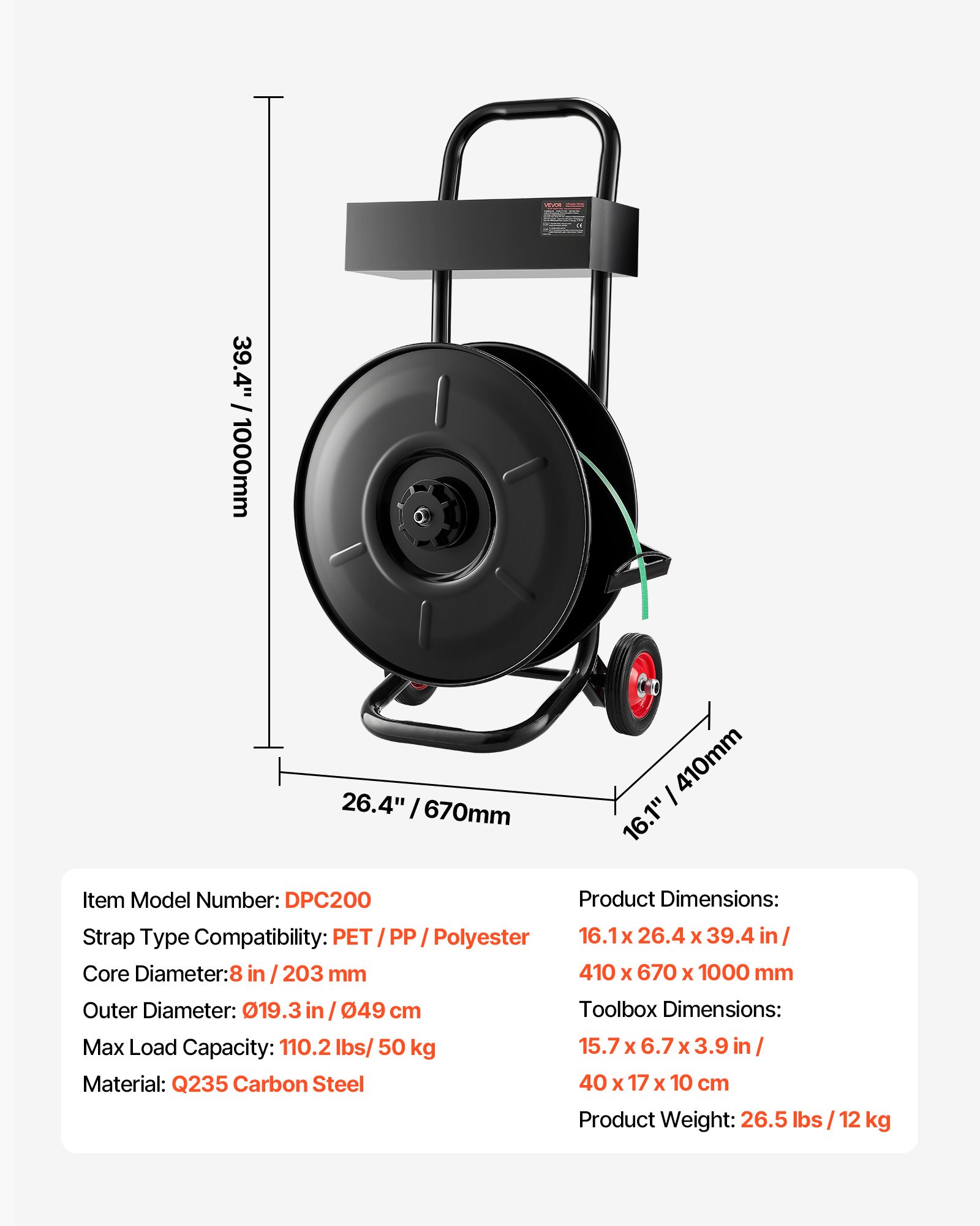 VEVOR dispenserwagen, geschikt voor PET/PP/polyester omsnoeringsrollen met een kerndiameter van 203 mm, omsnoeringsdispenser met verbeterd remsysteem, geïntegreerde ruime opbergruimte voor gereedschap