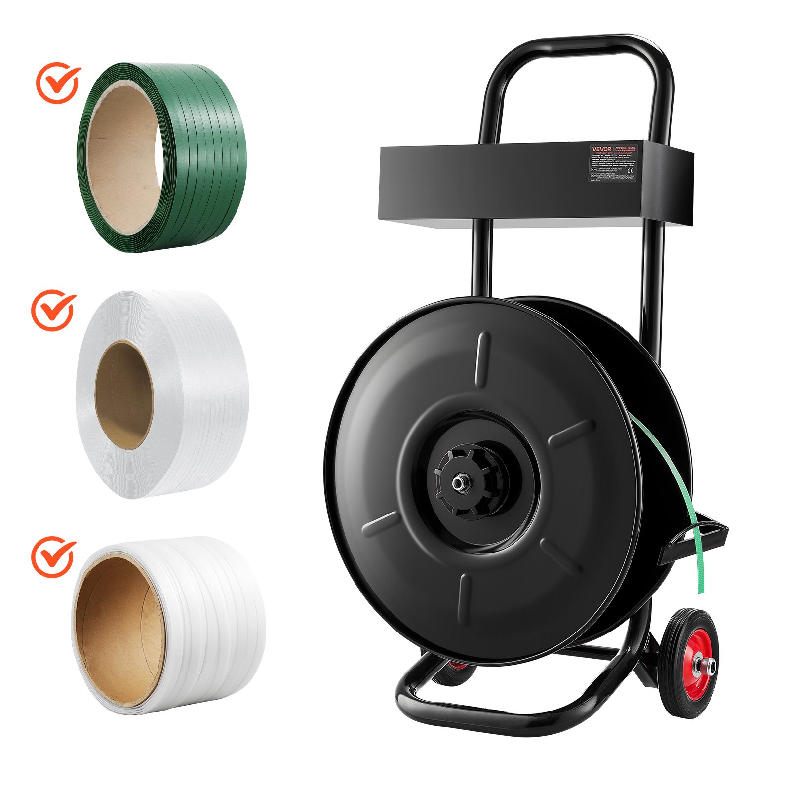 VEVOR dispenserwagen, geschikt voor PET/PP/polyester omsnoeringsrollen met een kerndiameter van 203 mm, omsnoeringsdispenser met verbeterd remsysteem, geïntegreerde ruime opbergruimte voor gereedschap