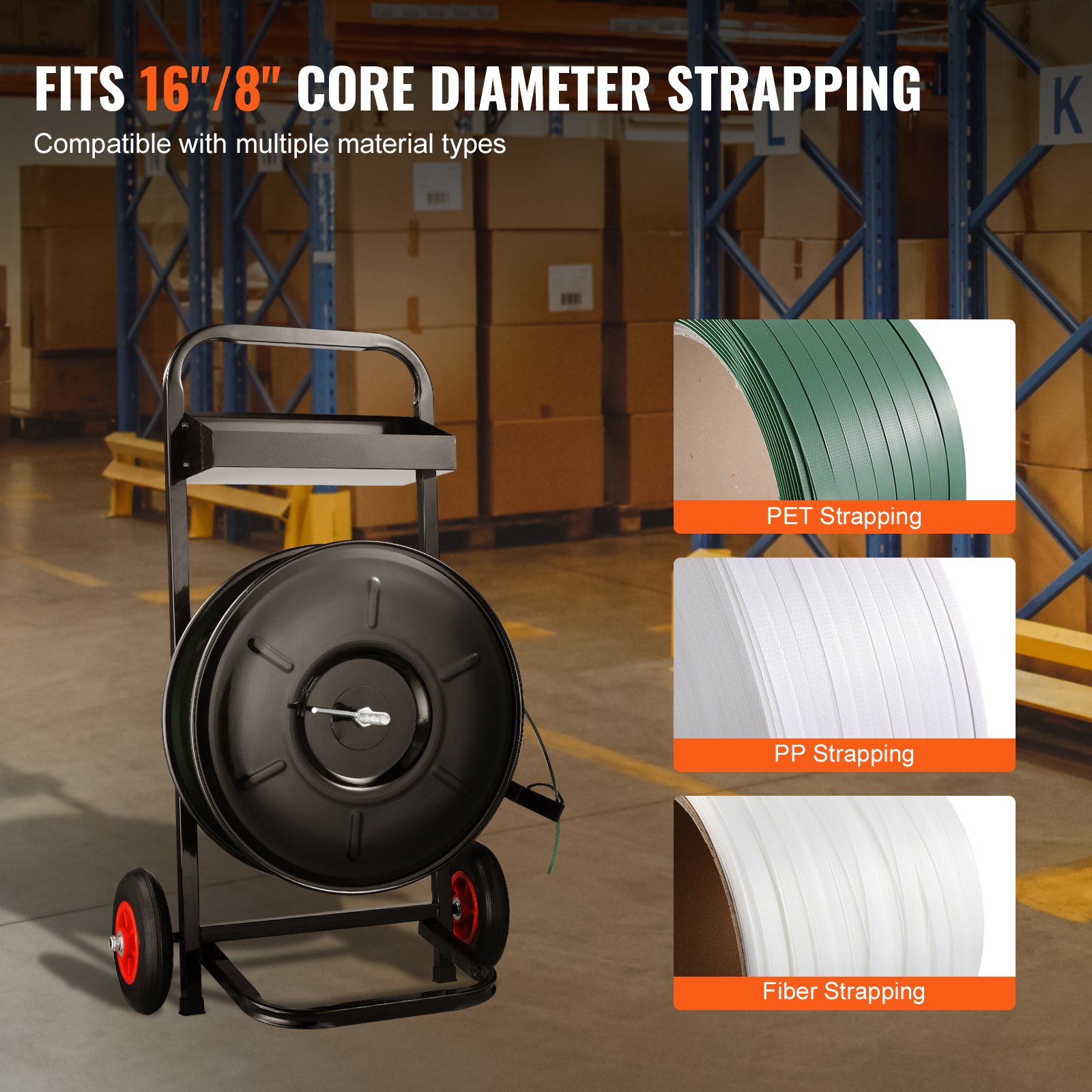 VEVOR Banding Strapping Cart, for PET/PP/Fiber Strapping Coils with 8" Core Size, Heavy Duty Strapping Dispenser, Equipped with Anti-Retreat Pulleys, Upgrade Brake System, Spacious Tray for Tools