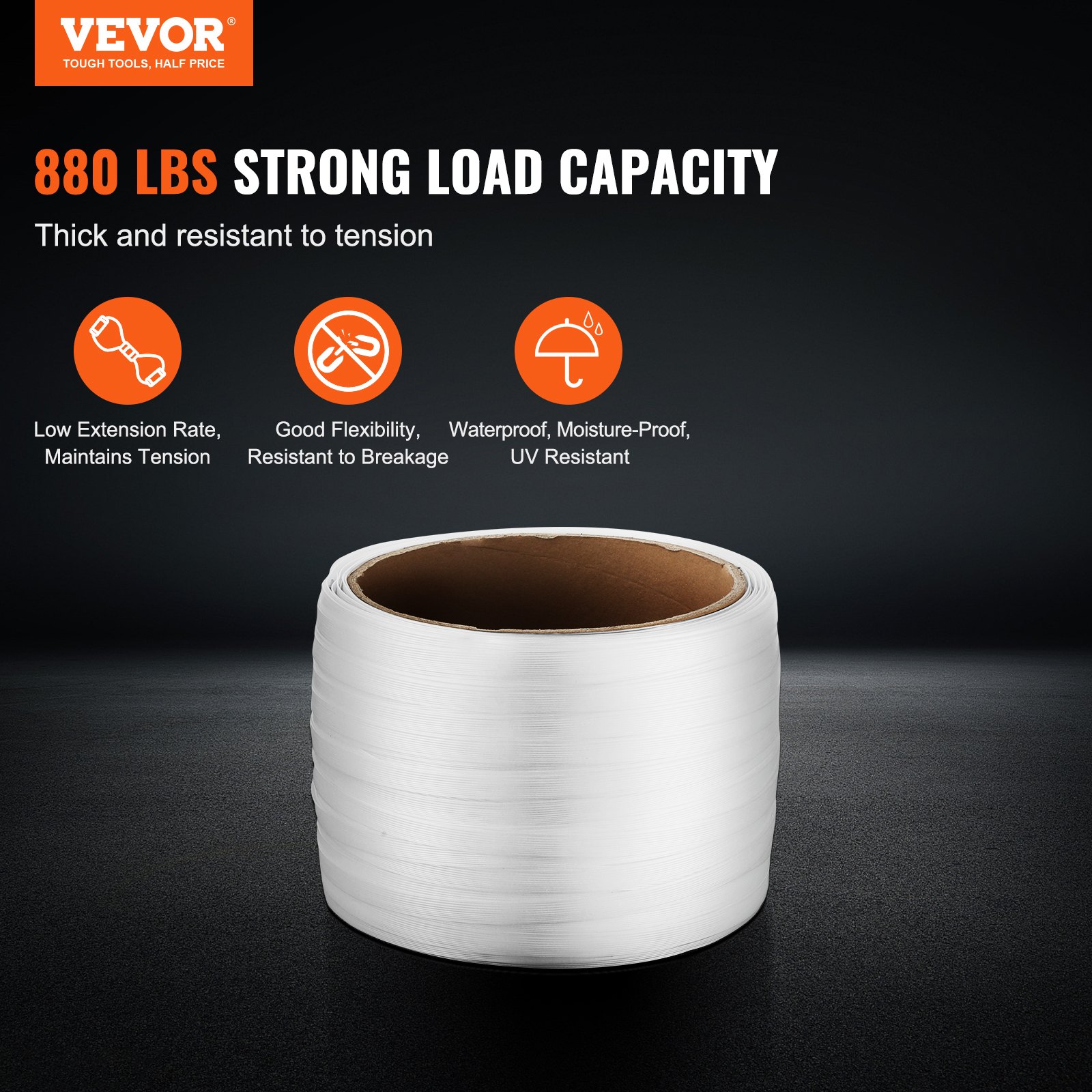 VEVOR Packaging Woven Cord Strapping Roll, 660' Length x 1/2" Width x 0.03" Thickness, 882 lbs Breaking Strength, Heavy Duty Banding Pallet Strap Coil, Portable Strong Banding Packing Straps, White