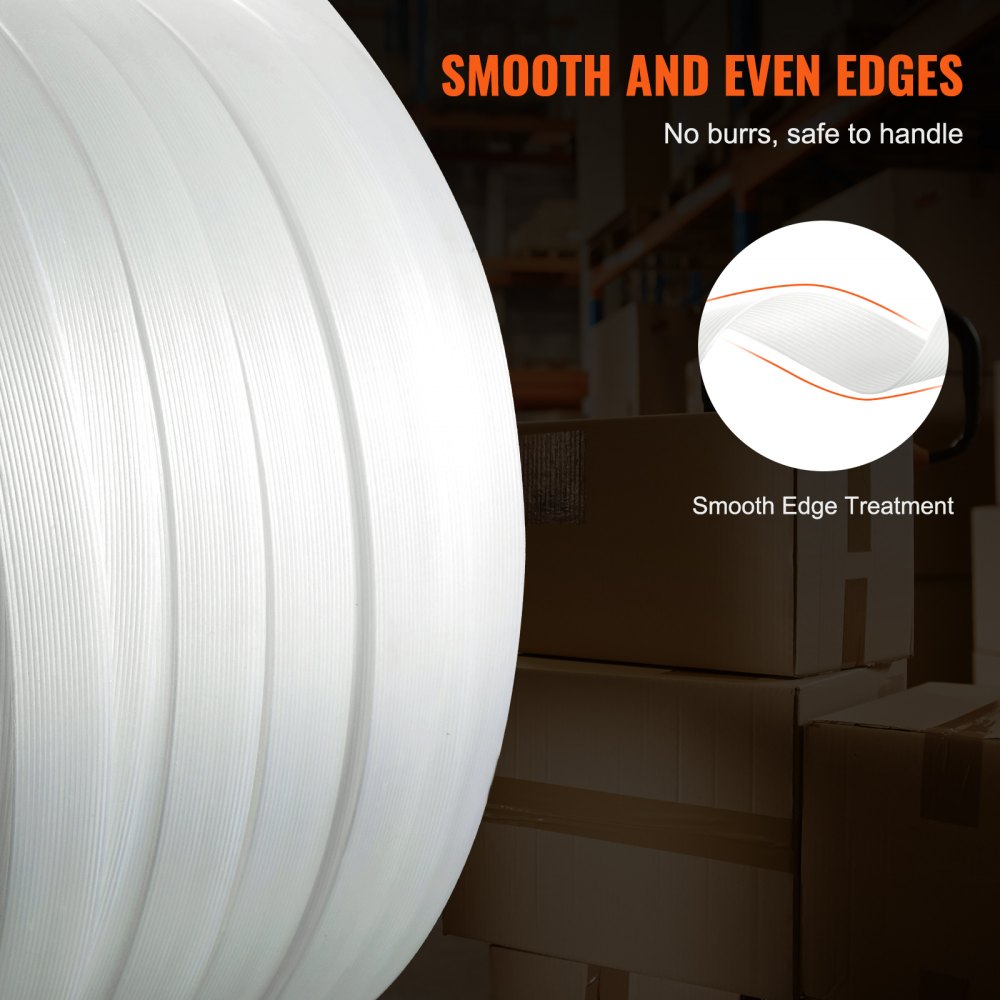 VEVOR Packaging geweven koordbandrol, 90 m lang x 1,9 cm breed x 0,8 mm dik, 800 kg breeksterkte, zware rol voor pallets, draagbare sterke band, wit