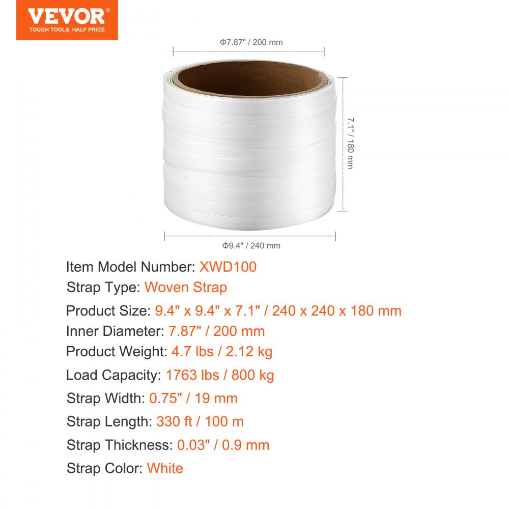 VEVOR Packaging geweven koordbandrol, 90 m lang x 1,9 cm breed x 0,8 mm dik, 800 kg breeksterkte, zware rol voor pallets, draagbare sterke band, wit