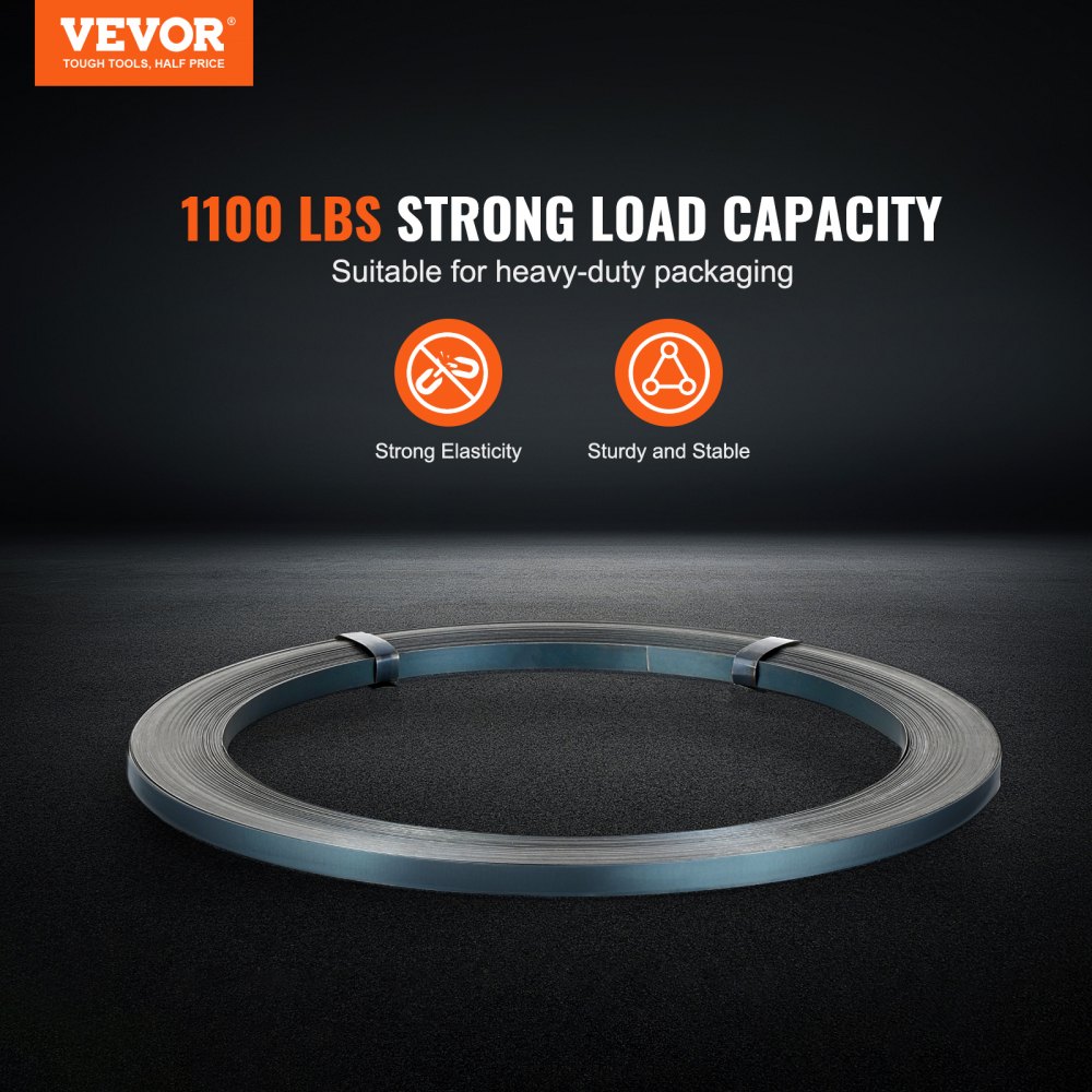 VEVOR Packaging Steel Strapping Roll, 330' Length x 1/2" Width x 0.016" Thickness, 1100 lbs Break Strength, Heavy Duty Banding Pallet Strap Coil, Portable Strong Banding Packing Metal Straps, Black