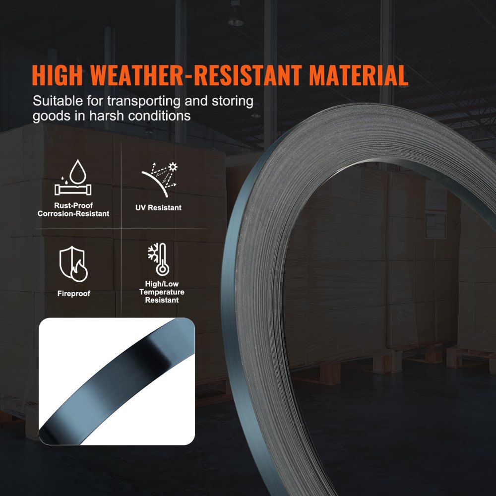 VEVOR Packaging Steel Strapping Roll, 330' Length x 1/2" Width x 0.016" Thickness, 1100 lbs Break Strength, Heavy Duty Banding Pallet Strap Coil, Portable Strong Banding Packing Metal Straps, Black