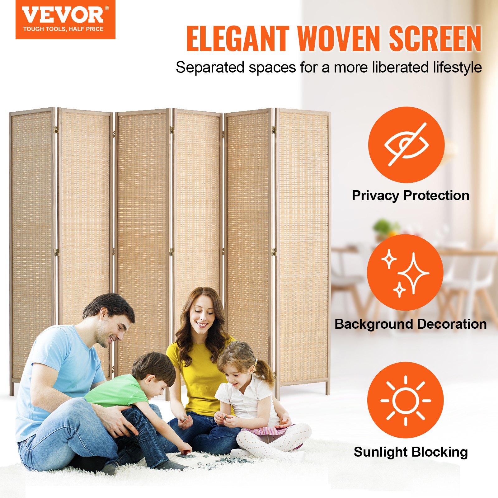 VEVOR 6 Panel Room Divider, Bamboo Hand-Woven Folding Privacy Screens with Hinges, Portable Partition Room Dividers & Freestanding Wall Divider for Room Separation, Living Room, Bedroom, Natural