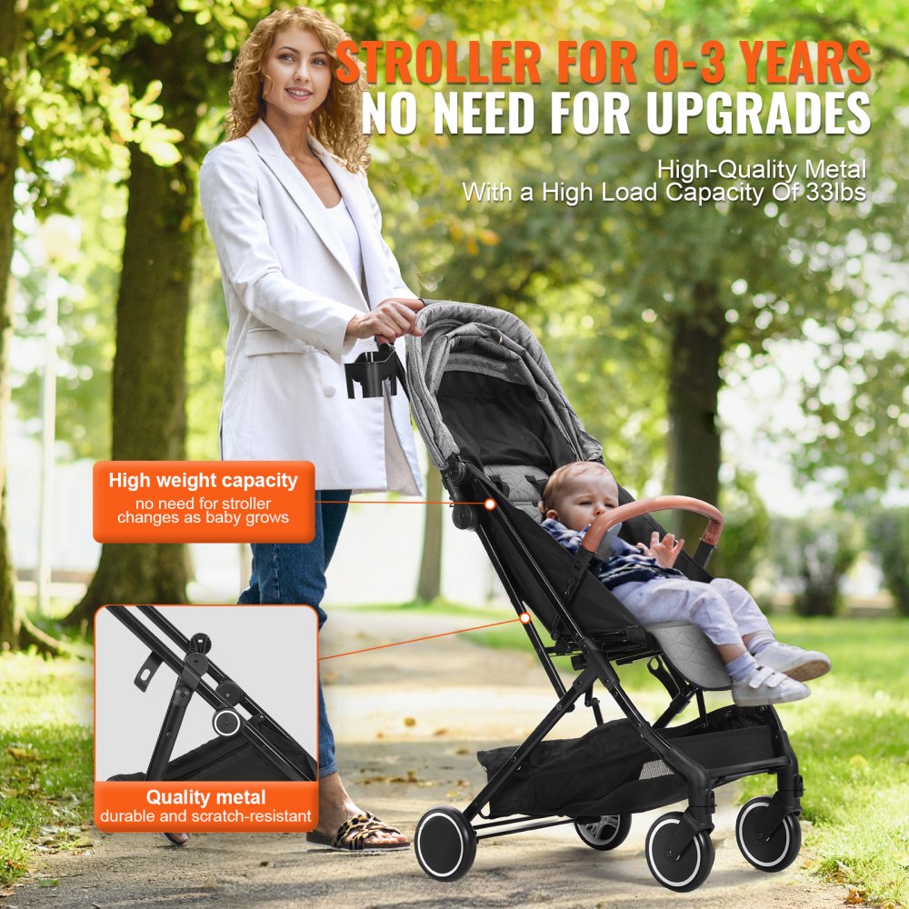 VEVOR Kinderwagen 71 x 44 x 107 cm, met 95°-175° verstelbare rugleuning en 0/90° verstelbare voetensteun en één-klik-vouwfunctie, kinderwagen met bekerhouder en reiswieg, donkergrijs