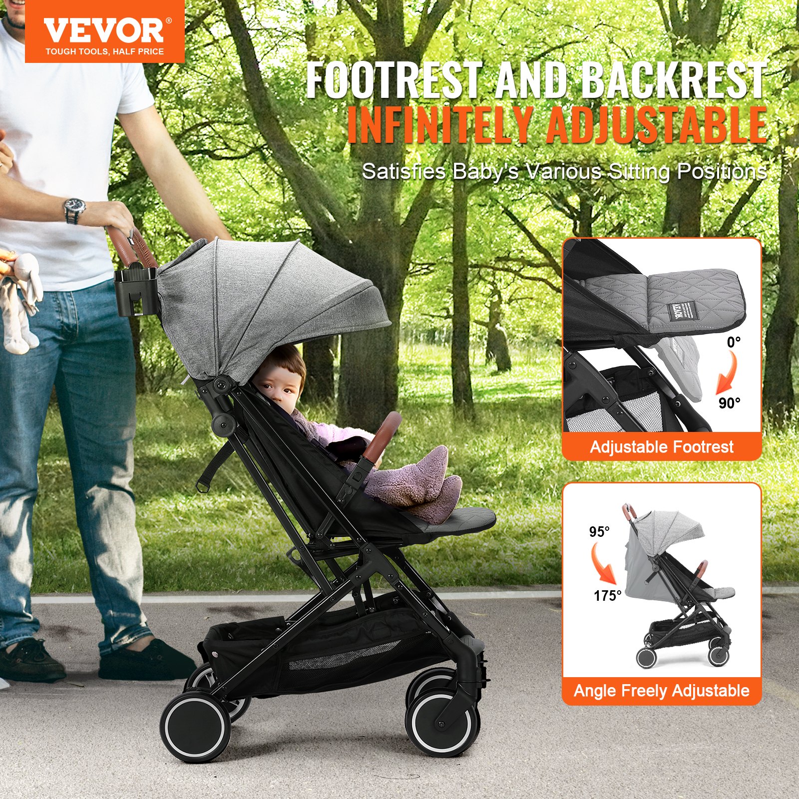 VEVOR Kinderwagen 71 x 44 x 107 cm, met 95°-175° verstelbare rugleuning en 0/90° verstelbare voetensteun en één-klik-vouwfunctie, kinderwagen met bekerhouder en reiswieg, donkergrijs