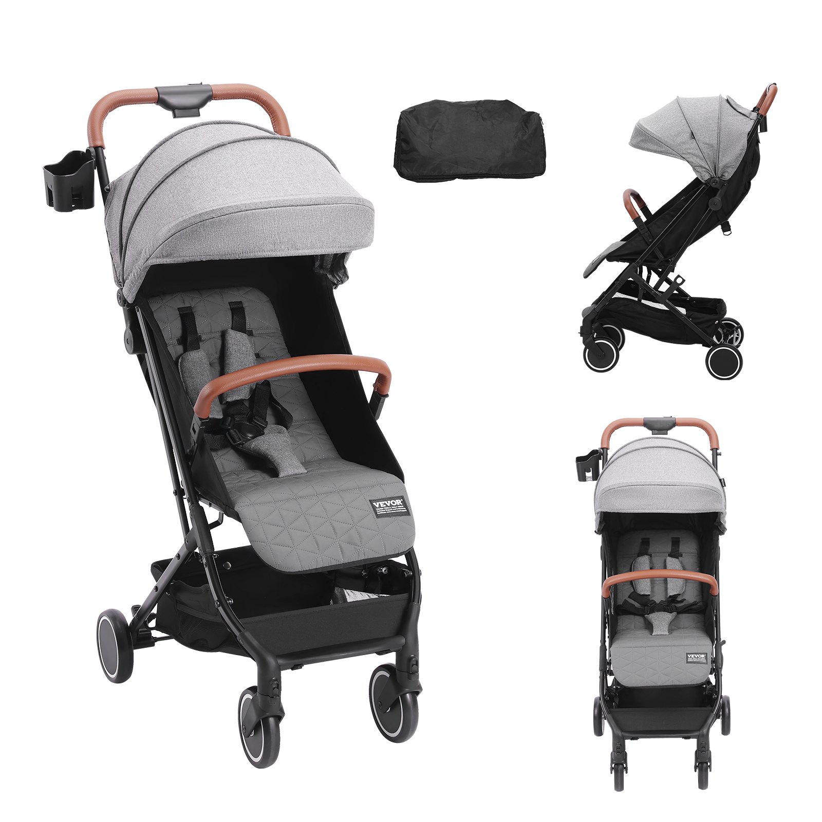 VEVOR Kinderwagen 71 x 44 x 107 cm, met 95°-175° verstelbare rugleuning en 0/90° verstelbare voetensteun en één-klik-vouwfunctie, kinderwagen met bekerhouder en reiswieg, donkergrijs