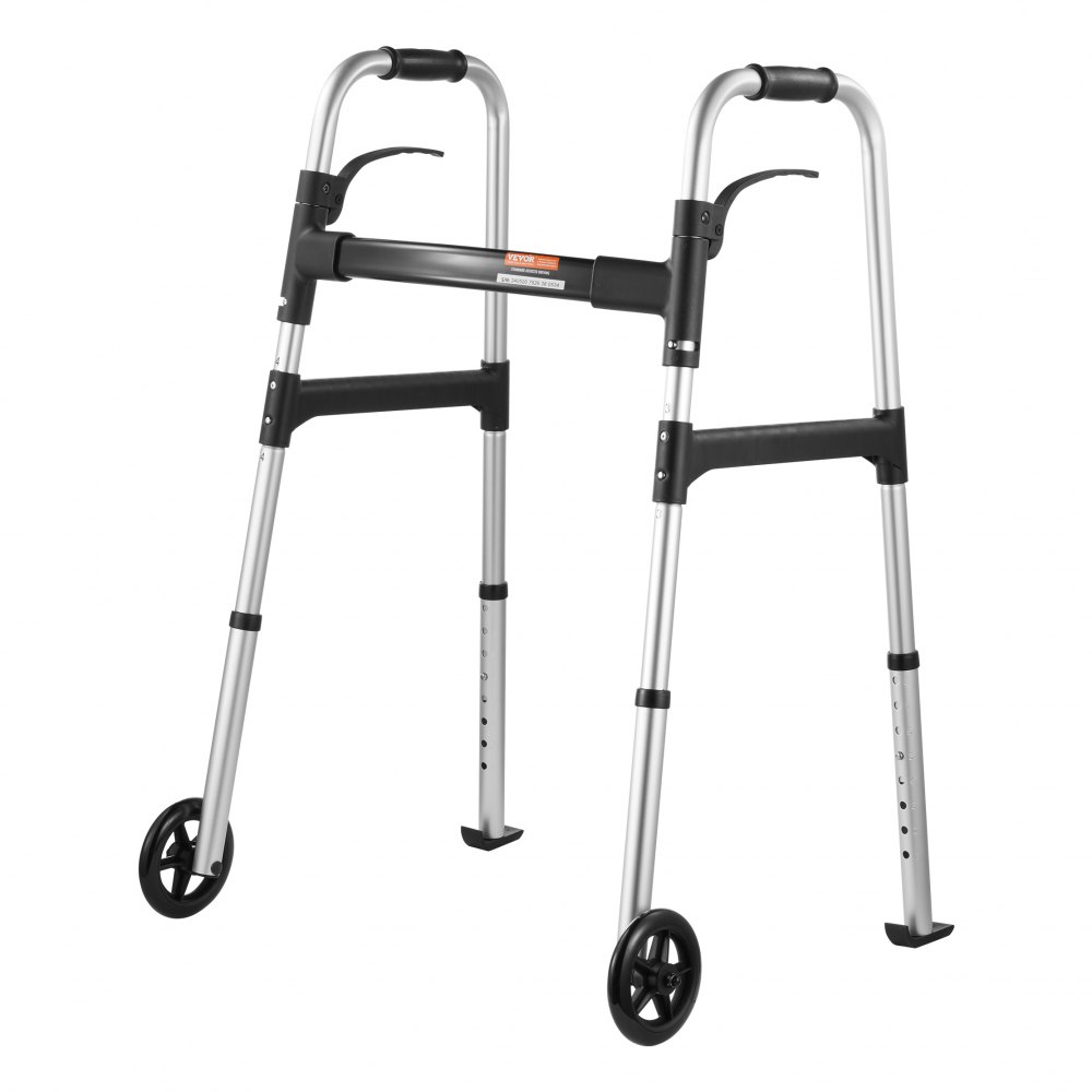 VEVOR folding walker with adjustable height, ergonomic handles, and front wheels for mobility support.