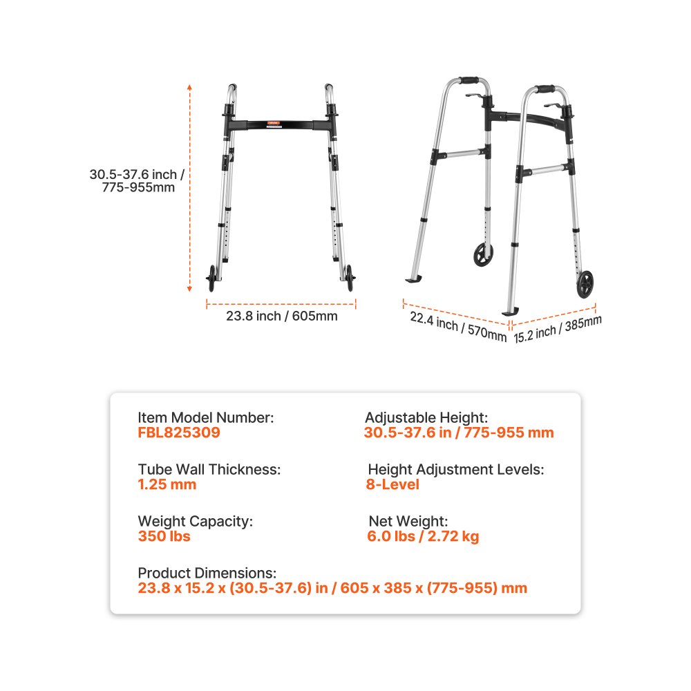 VEVOR Folding Walker, 2-Button Foldable Walker with 5" Wheels & 8-Level Adjustable Height, 350LBS Loading Lightweight Aluminum Mobility Walking Aid, Front-Wheeled Rolling Walkers for Seniors Adults