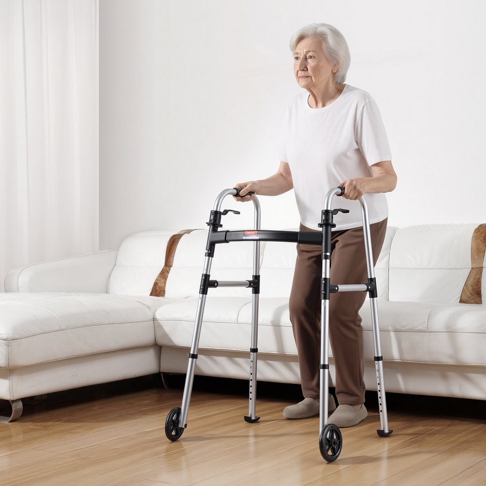 VEVOR Folding Walker, 2-Button Foldable Walker with 5" Wheels & 8-Level Adjustable Height, 350LBS Loading Lightweight Aluminum Mobility Walking Aid, Front-Wheeled Rolling Walkers for Seniors Adults