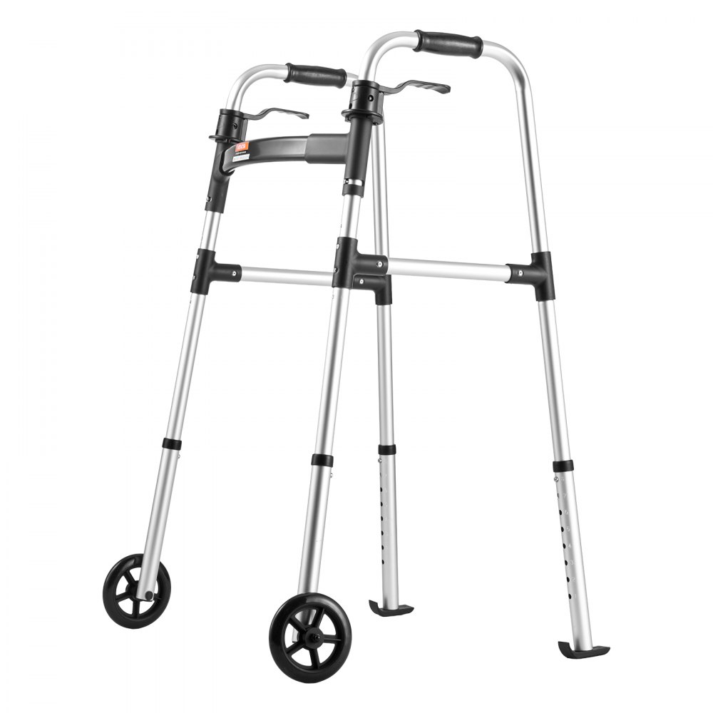 VEVOR Folding Walker, 2-Button Foldable Walker with 5" Wheels & 8-Level Adjustable Height, 350LBS Loading Lightweight Aluminum Mobility Walking Aid, Front-Wheeled Rolling Walkers for Seniors Adults