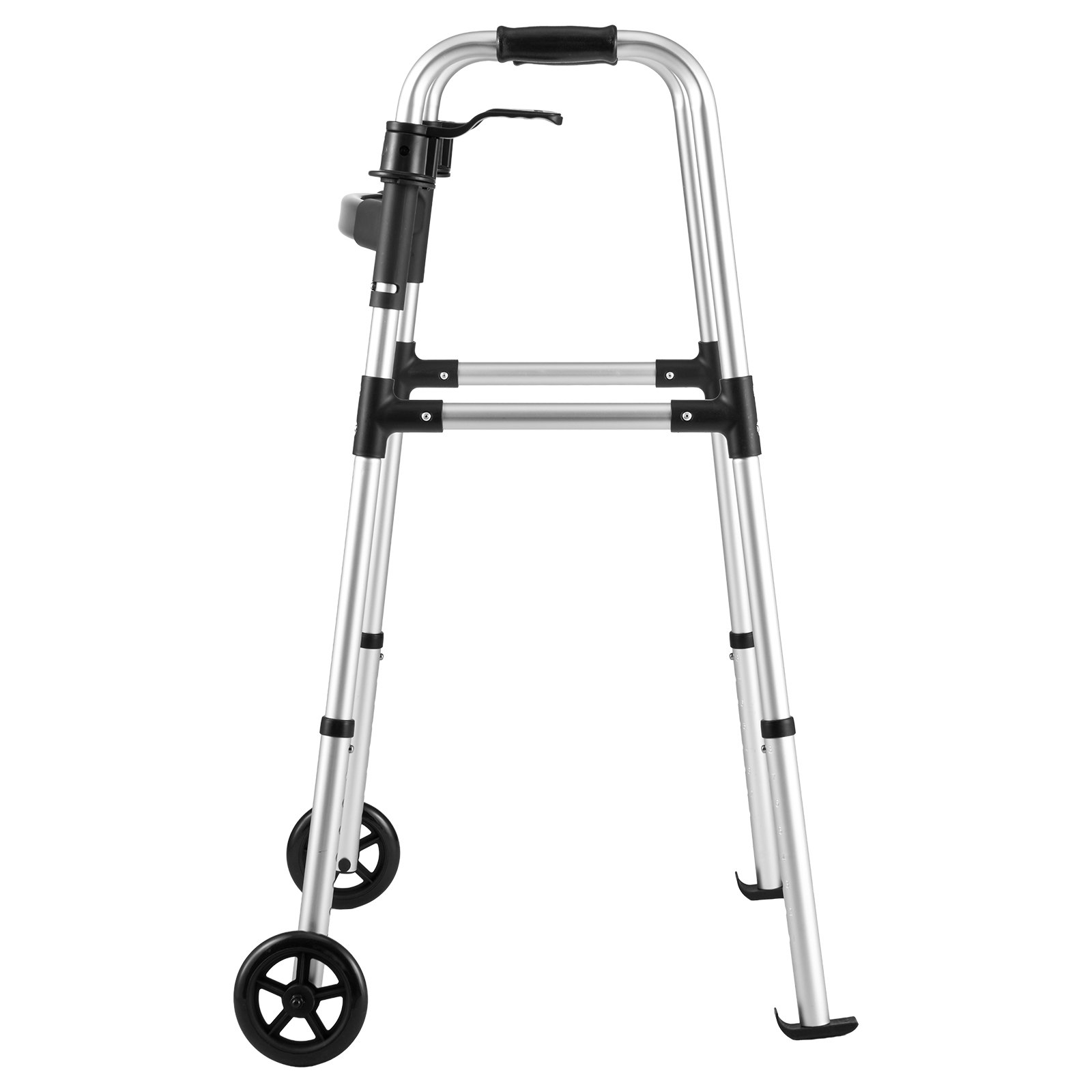 VEVOR Folding Walker, 2-Button Foldable Walker with 5" Wheels & 8-Level Adjustable Height, 350LBS Loading Lightweight Aluminum Mobility Walking Aid, Front-Wheeled Rolling Walkers for Seniors Adults