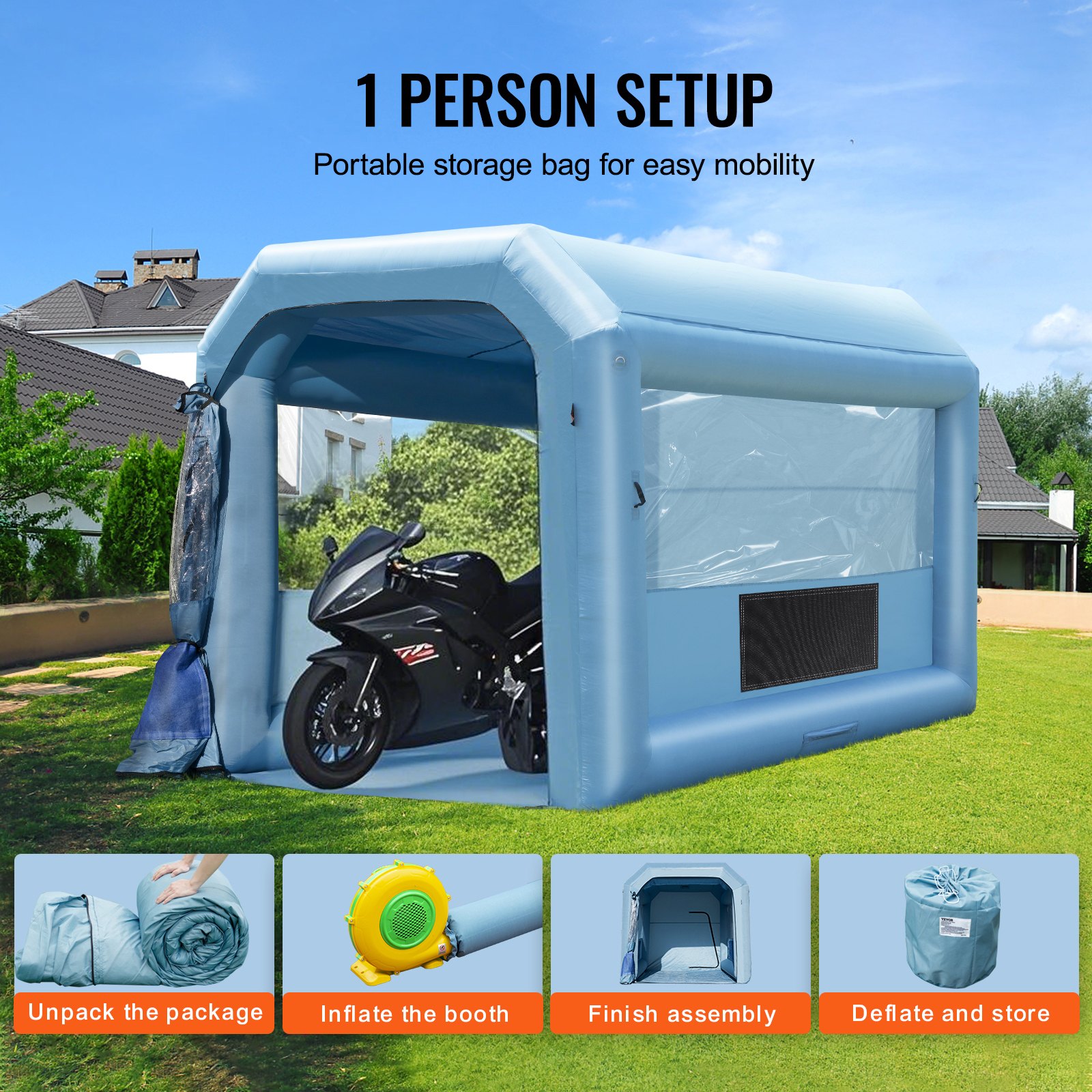 VEVOR Opblaasbare Spuitcabine, 4 x 3 x 2,75 m, met 750 W ventilator en luchtfiltersysteem, draagbare autospuitcabine voor het spuiten van motorfietsen, fietsen en klein meubilair.