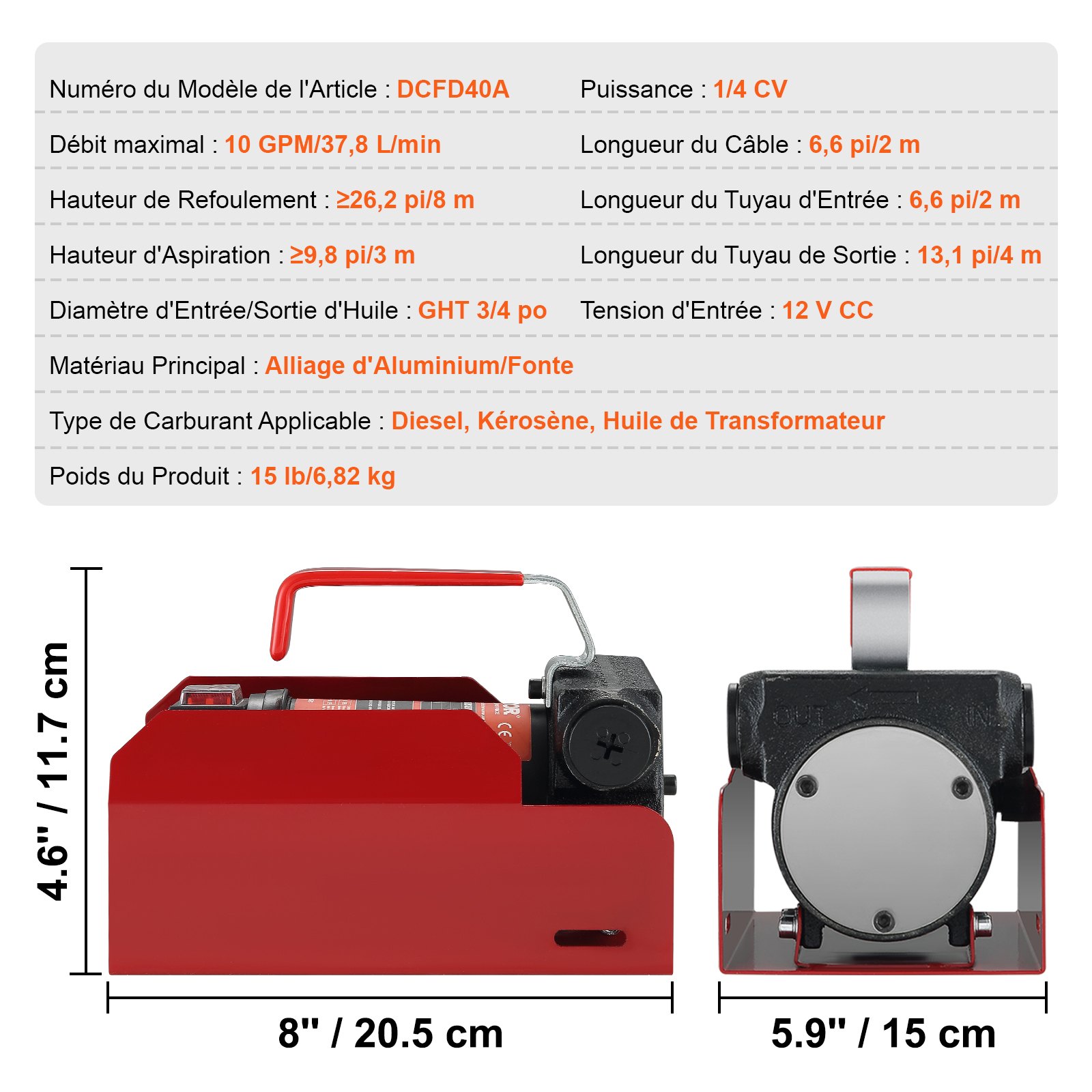 VEVOR dieselpomp, 155 W brandstofpomp, zuigpomp, 1/4 HP stookoliepomp, 12 V, 8 m opvoerhoogte, 3 m aanzuighoogte, zelfaanzuigend, automatisch doseermondstuk, 4 m uitlaatslang voor diesel, kerosine en transformatorolie.