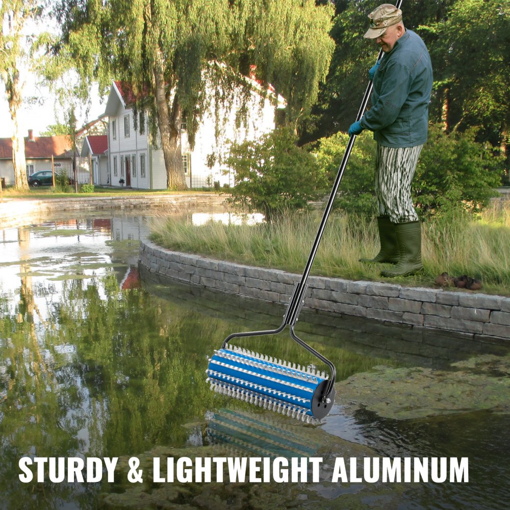 VEVOR Roller Weed Rake, 12’ Lake Weed Cutter, Uproots Aquatic Weeds Muck Silt Lake Rakes, Weed Removal Tool for Lake Pond Beach Landscaping, Lake Weed Roller Remover with Extension Pole and Rope