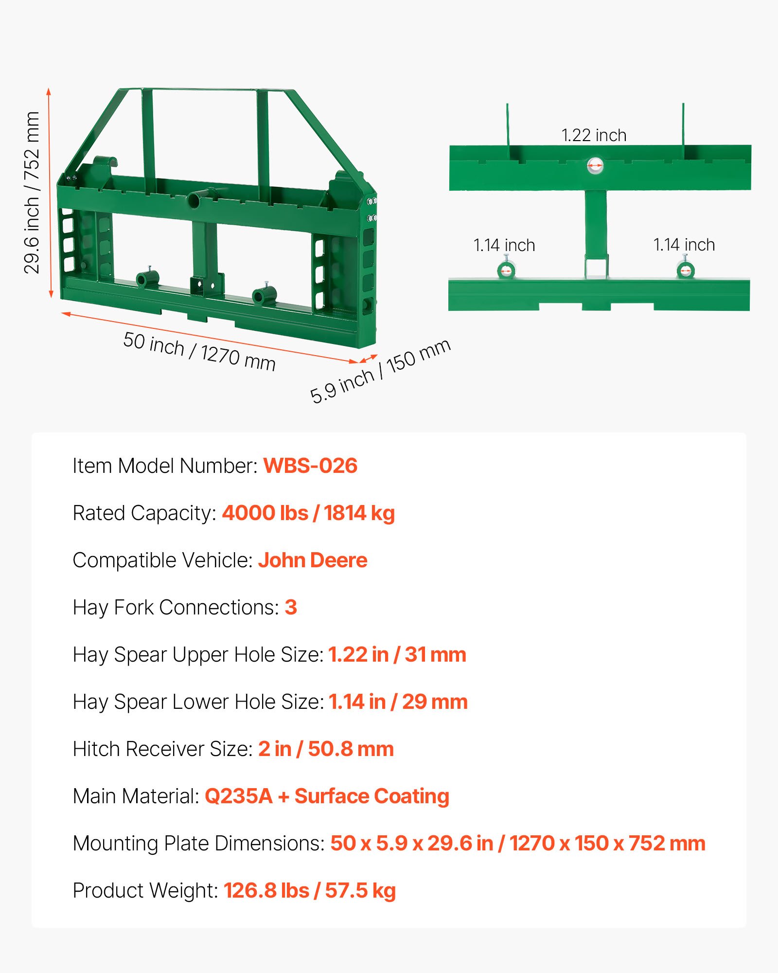 VEVOR Skid Steer Loader, 1814 kg, 1270 x 150 x 752 mm palletvorkframe-verlengingen met 50,8 mm trekhaak en speerhulzen, past op John Deere-lader met snelkoppeling, alleen frame