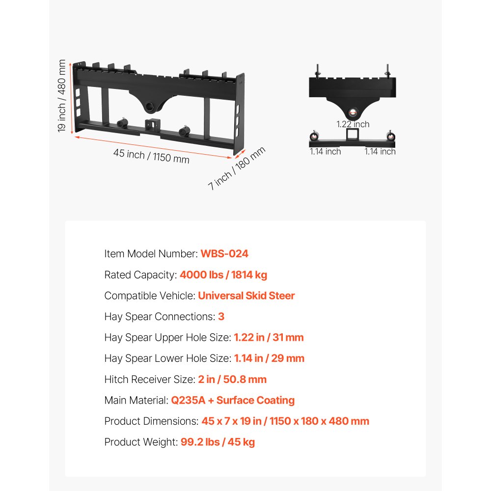 VEVOR Skid Steer Loader, 1814 kg nominaal vermogen, 1150 mm palletvorkframeverlengingen met 50,8 mm trekhaak en speerhulzen, past op snelkoppelladers, alleen frame