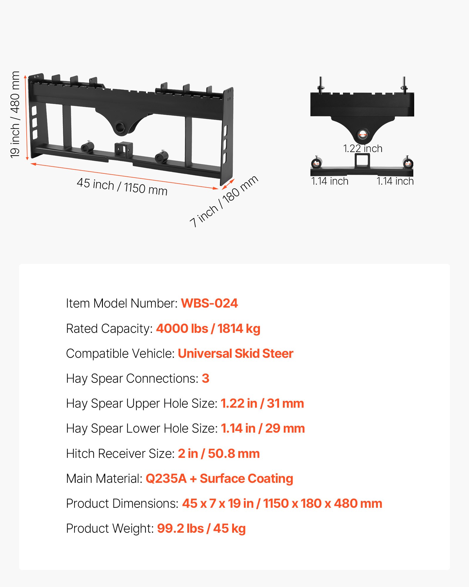 VEVOR Skid Steer Loader, 1814 kg nominaal vermogen, 1150 mm palletvorkframeverlengingen met 50,8 mm trekhaak en speerhulzen, past op snelkoppelladers, alleen frame