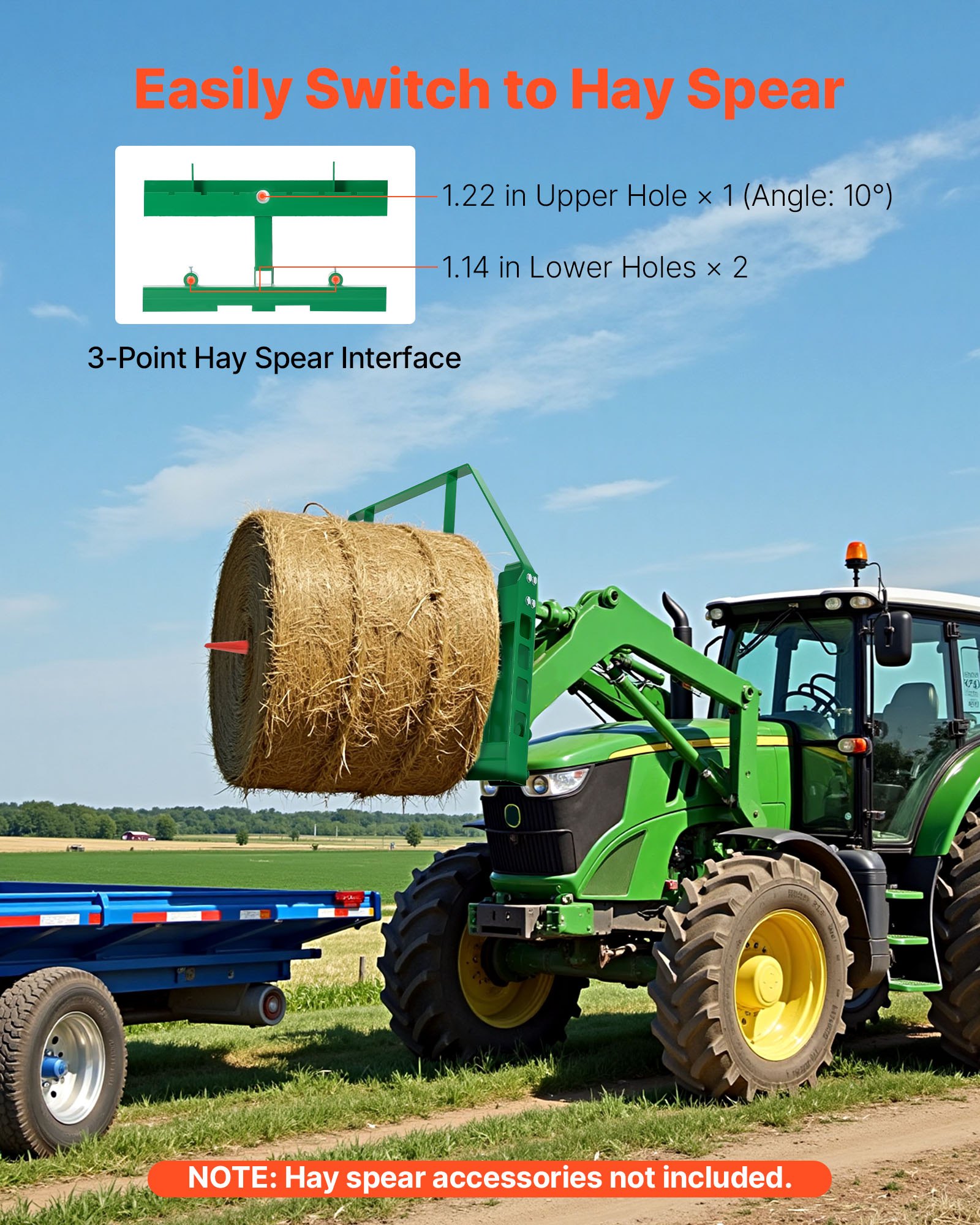 VEVOR snelwisselsysteem met palletvorkframebevestiging van 1814 kg, vorken van 1065 mm, vorkheftruckbladen, trekhaak van 50,8 mm en speerhulzen, geschikt voor JD-tractoren