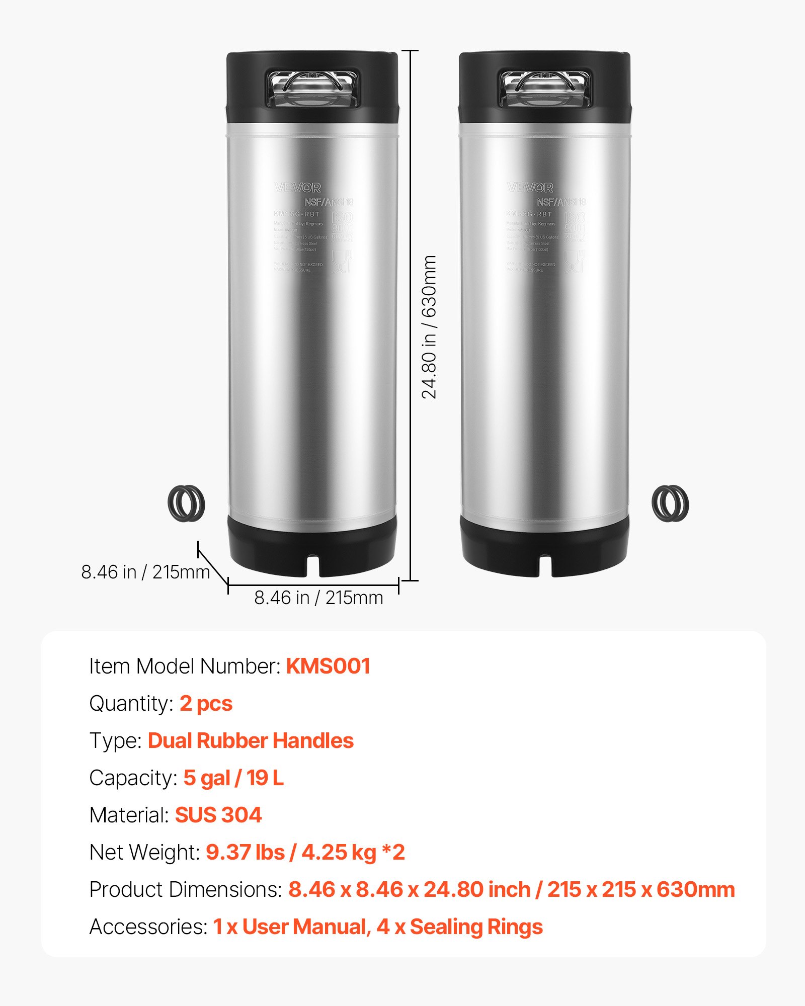 VEVOR Corny Keg, 5 Gallon Ball Lock Keg, SUS304 Cold Brew Kegs with Dual Rubber Handles & Heavy-Duty Rubber Bottom, Brewing Equipment for Home Brewing Party, 2 PCS